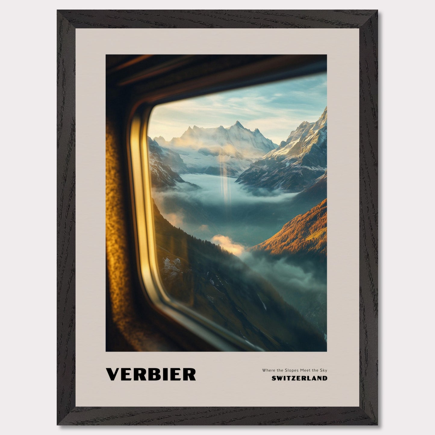 This poster showcases a mesmerizing view of the high-altitude slopes of Verbier, where mountain peaks seem to touch the sky. Thick mist covers the valleys below, creating a sense of mystery, while beams of sunlight break through the clouds, adding warmth and harmony to the scene.