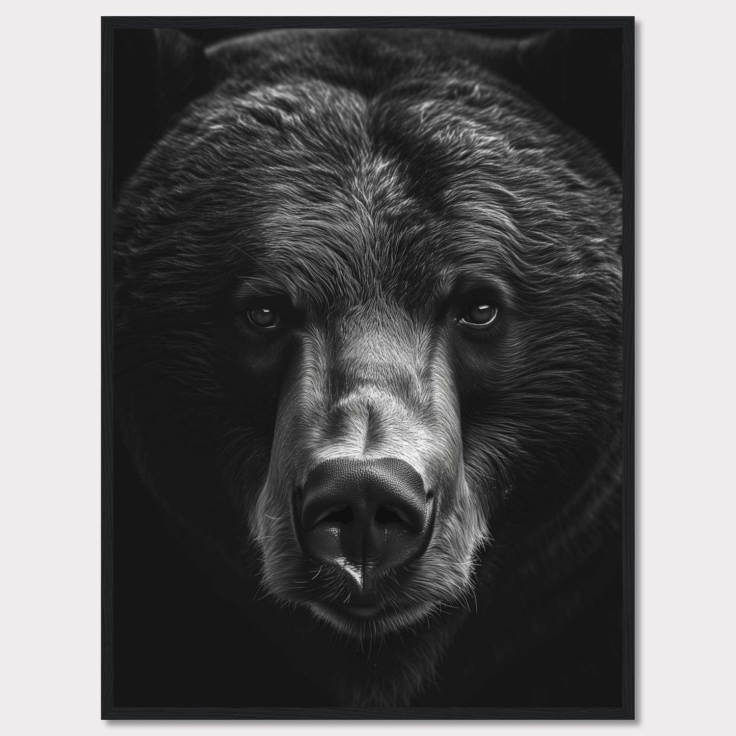 This striking black and white photograph captures the intense gaze of a bear, emphasizing its powerful presence and majestic features. The close-up shot highlights the intricate details of the bear's fur and facial structure, creating a captivating and dramatic effect.