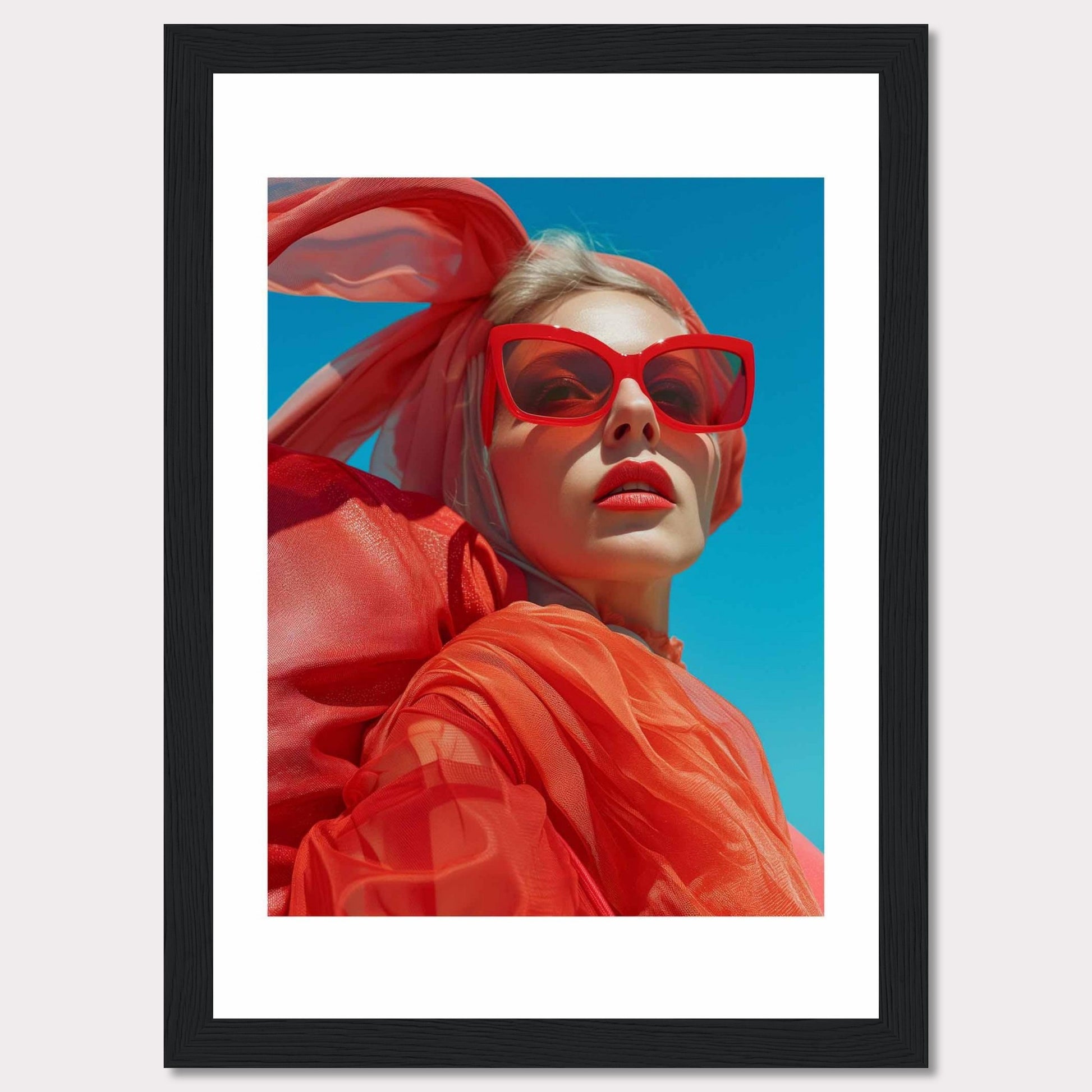 This striking photo features a confident woman wearing bold red sunglasses and a matching headscarf against a vibrant blue sky. The image is framed in a sleek black border, enhancing its modern aesthetic.