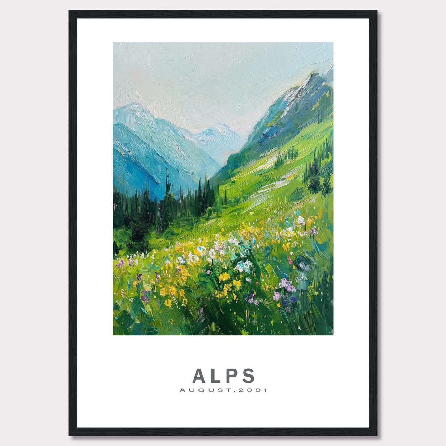 This beautiful framed artwork captures a vibrant and serene landscape of the Alps in August 2001. The painting showcases lush green mountains, colorful wildflowers, and a tranquil sky.