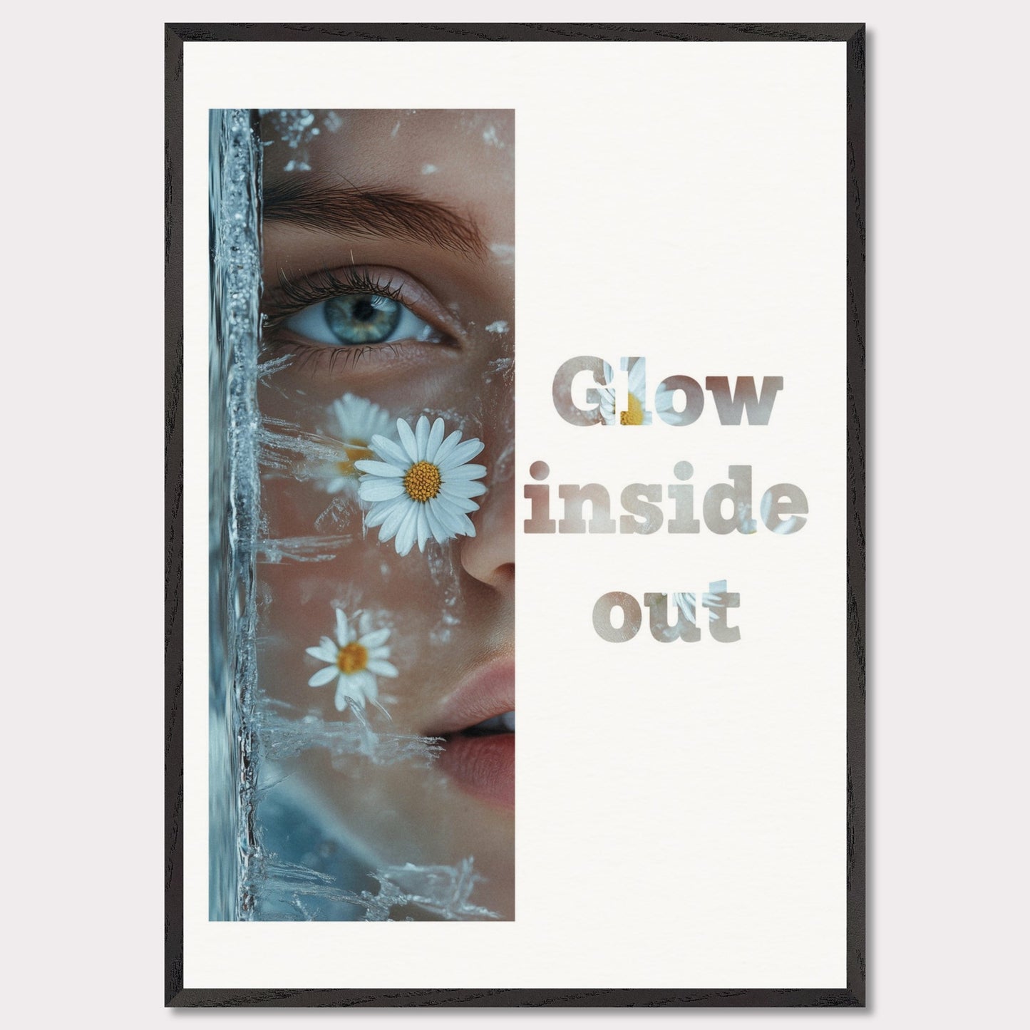 This illustration features a close-up of a person's face with daisies and ice crystals. The text "Glow inside out" is prominently displayed beside the image.

Where will this poster fit: Living room, bedroom, office, hallway, or studio.