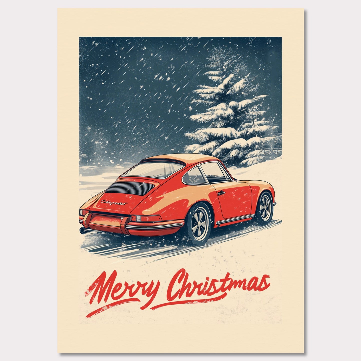 This nostalgic holiday poster features a striking red Porsche driving through a snow-covered landscape, with festive snowflakes gently falling around the scene. A snowy tree and soft winter hues create a cozy and festive atmosphere. The bold "Merry Christmas" typography adds an extra touch of holiday cheer, making it a perfect way to celebrate the season with a classic car enthusiast's touch.