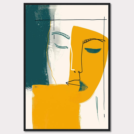 This captivating abstract art piece features a minimalist line drawing of a face, blending bold colors and simple shapes to create a striking visual impact. The artwork combines teal, mustard yellow, and white, with a black frame adding a touch of sophistication.