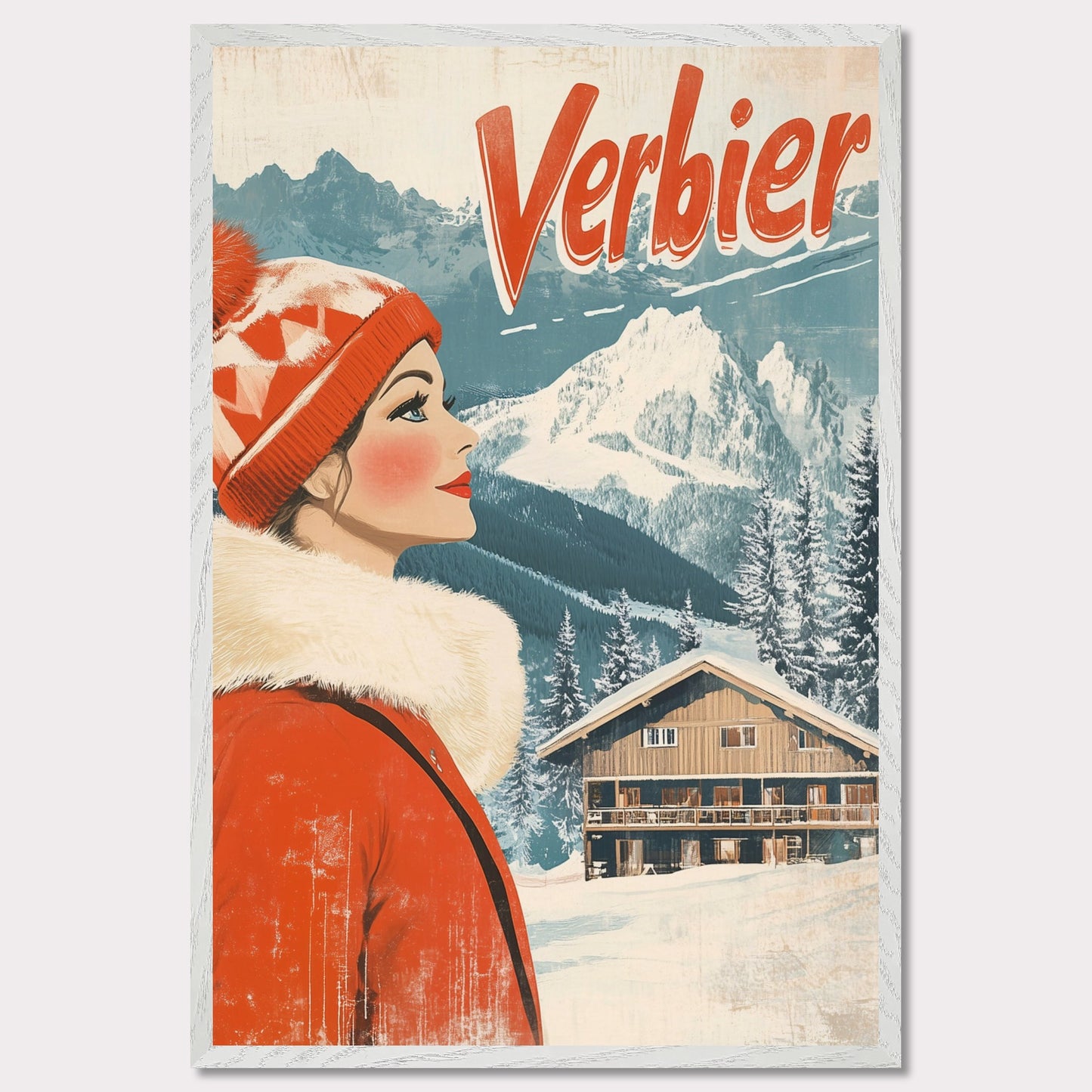 This elegant retro-style poster features a woman in a stylish red winter coat and pom-pom hat, looking towards the majestic Verbier mountains. The soft pastel tones and crisp white snow provide a serene backdrop, while the vintage design and typography evoke a sense of sophistication and timeless charm. The poster conveys the allure of Verbier as both an adventure and a refined escape into nature’s beauty.