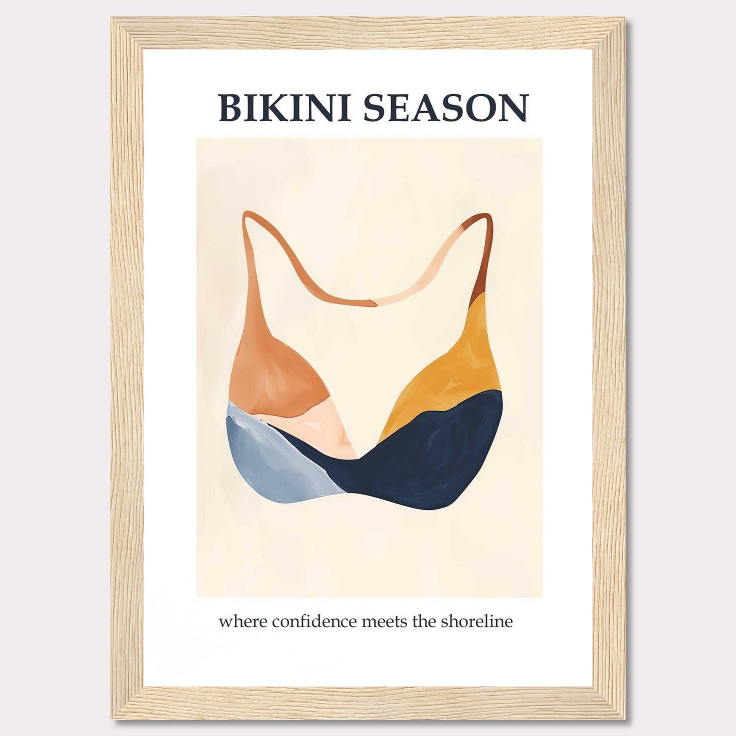 This image showcases a minimalist poster with an artistic depiction of a bikini top. The text "BIKINI SEASON" is prominently displayed at the top, while the phrase "where confidence meets the shoreline" is written at the bottom.