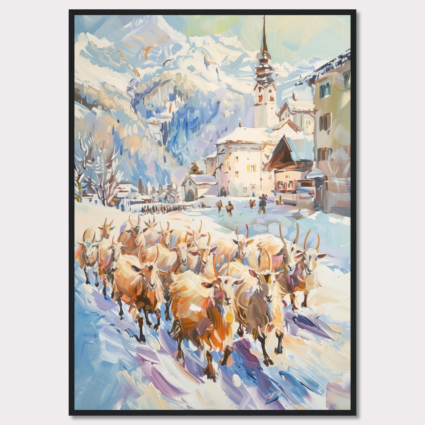 This captivating painting depicts a serene winter village scene with a herd of sheep being guided through the snow-covered streets. The backdrop features majestic snow-capped mountains and charming alpine architecture, including a prominent church steeple.