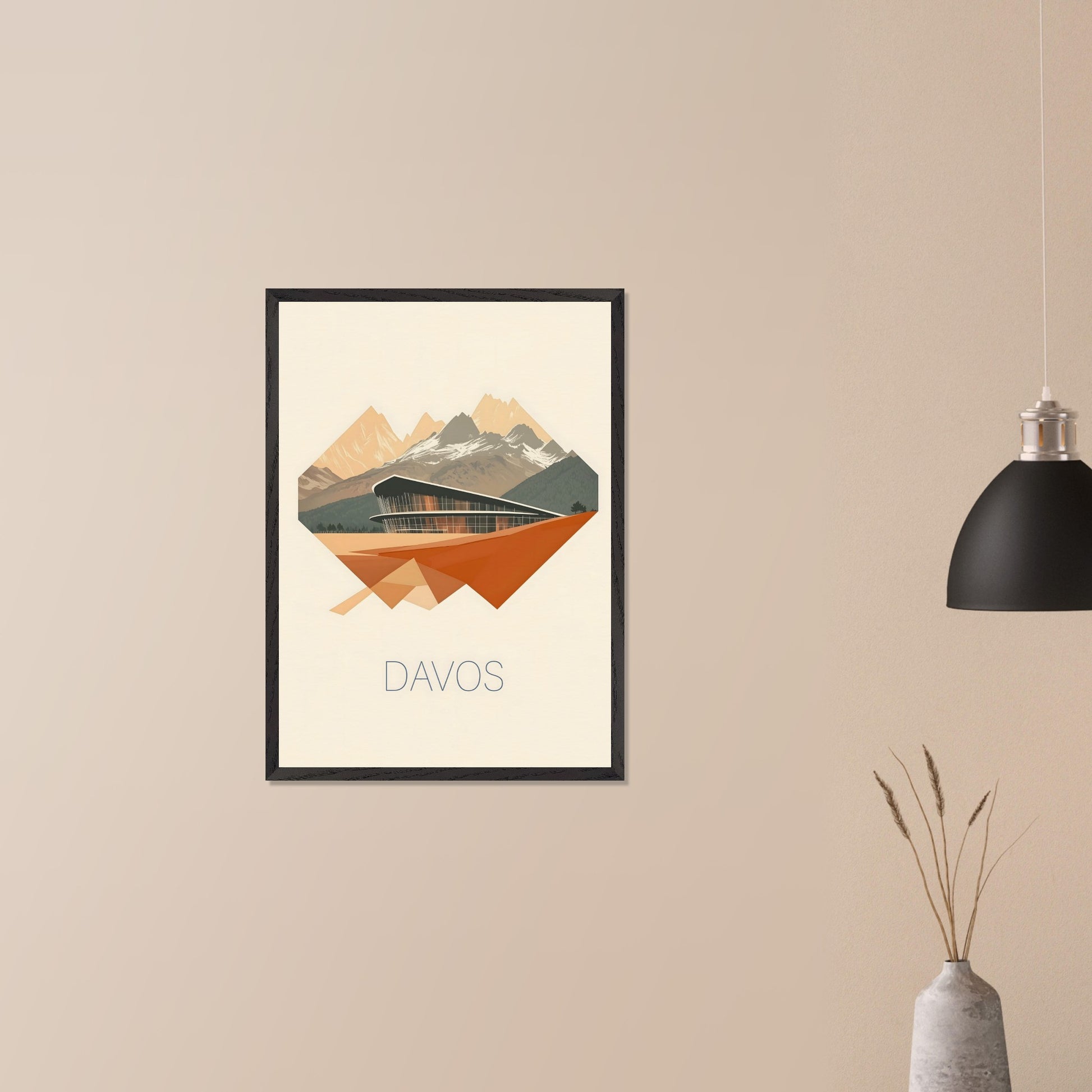 A visually striking poster featuring Davos’ futuristic architecture, integrated into an angular, geometric design. The sharp lines and warm earth tones contrast with the cool mountain backdrop, creating a bold, dynamic effect.