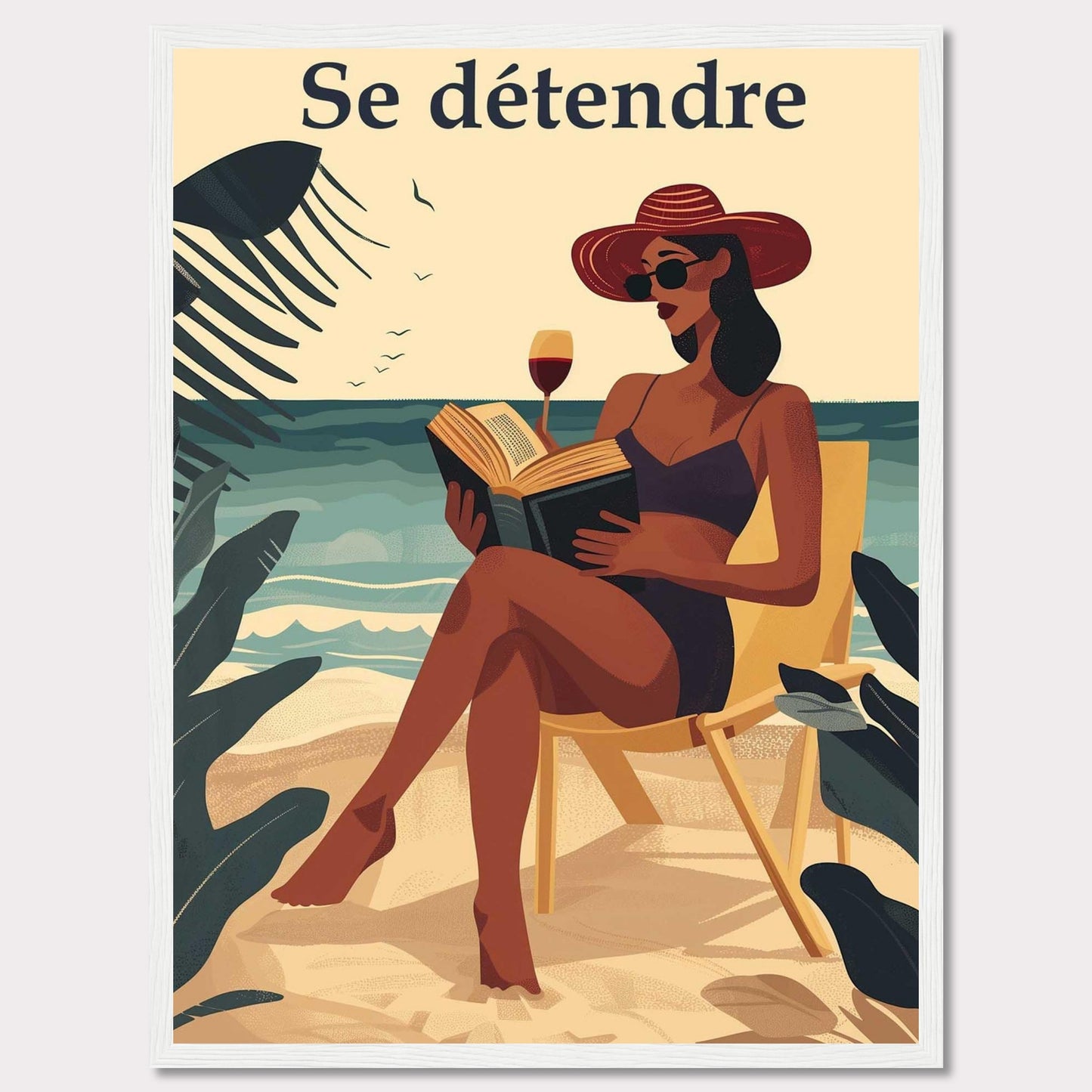 This illustration captures a serene beach scene with a woman relaxing on a chair, reading a book, and enjoying a glass of wine. The text "Se détendre" at the top translates to "Relax" in English.