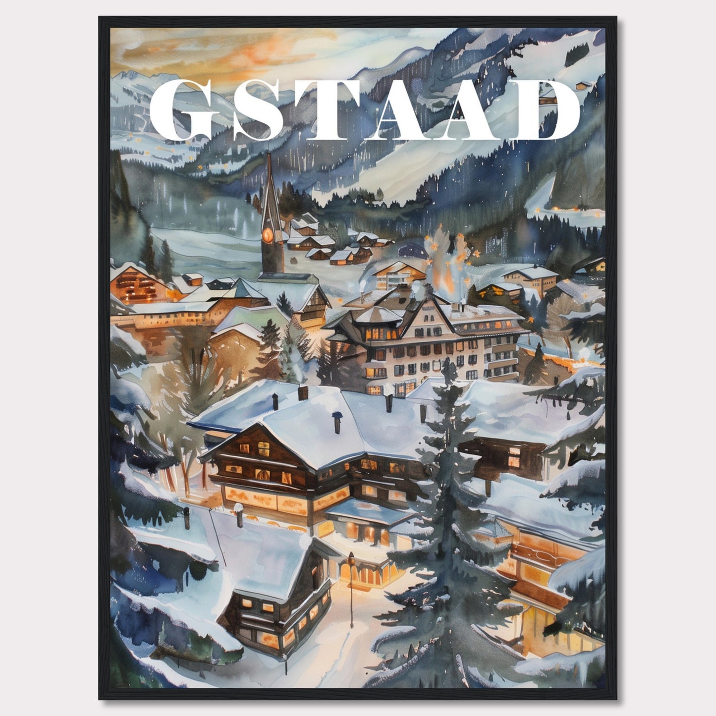 This image showcases a beautiful winter scene of Gstaad, a picturesque village nestled in the Swiss Alps. The painting captures the charm of snow-covered chalets, pine trees, and a serene mountainous backdrop under a soft evening sky.