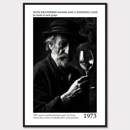 This evocative black-and-white photograph captures an elderly man with a weathered face, holding a glass of wine. His thoughtful gaze and the detailed wrinkles on his face tell a story of dedication and passion. The text accompanying the image reads: "With weathered hands and a knowing gaze he tends to each grape. With each wrinkle etched upon his face, there lies a story of dedication and passion." The year 1973 is prominently displayed.