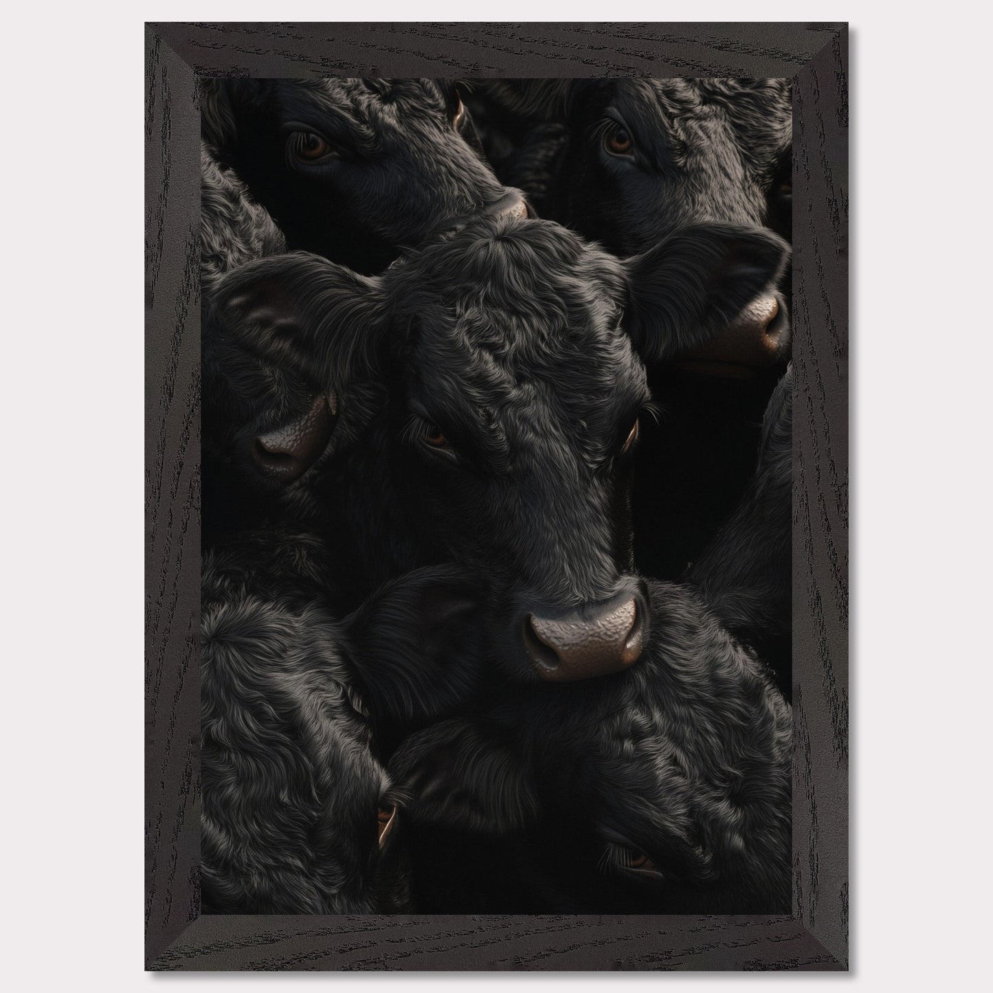 This captivating artwork features a close-up view of several black cows, their faces and textures intricately detailed. The image exudes a sense of unity and calmness among the animals.