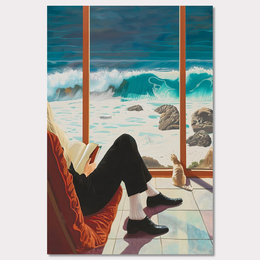 This captivating artwork depicts a serene scene where a person is sitting comfortably by a large window, reading a book. Outside, the ocean waves crash against the rocky shore, creating a mesmerizing view. A cat sits by the window, also gazing at the beautiful seascape.