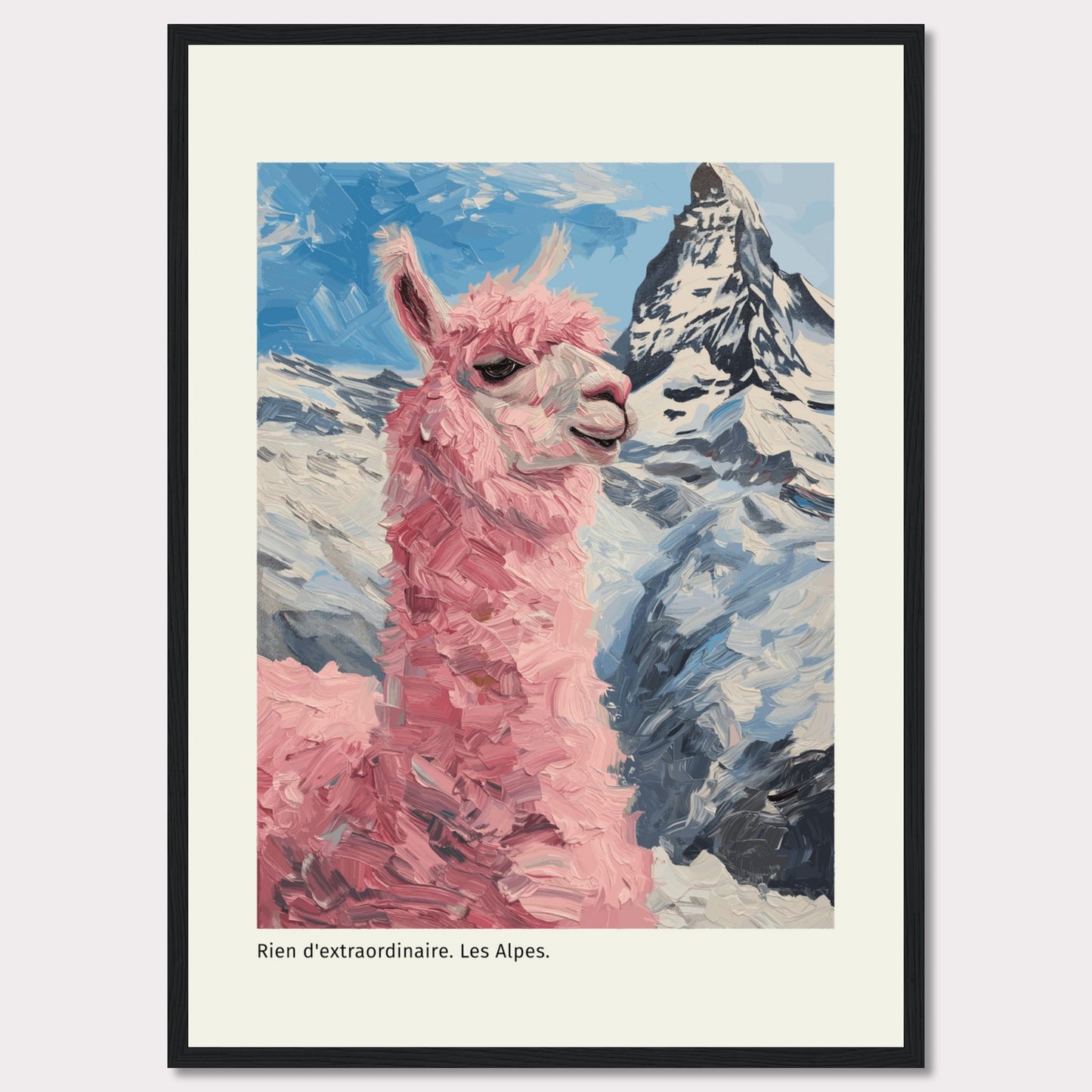 This whimsical painting features a pink llama standing proudly against the backdrop of the majestic Alps. The vibrant colors and playful brushstrokes bring a sense of fun and adventure to the scene.