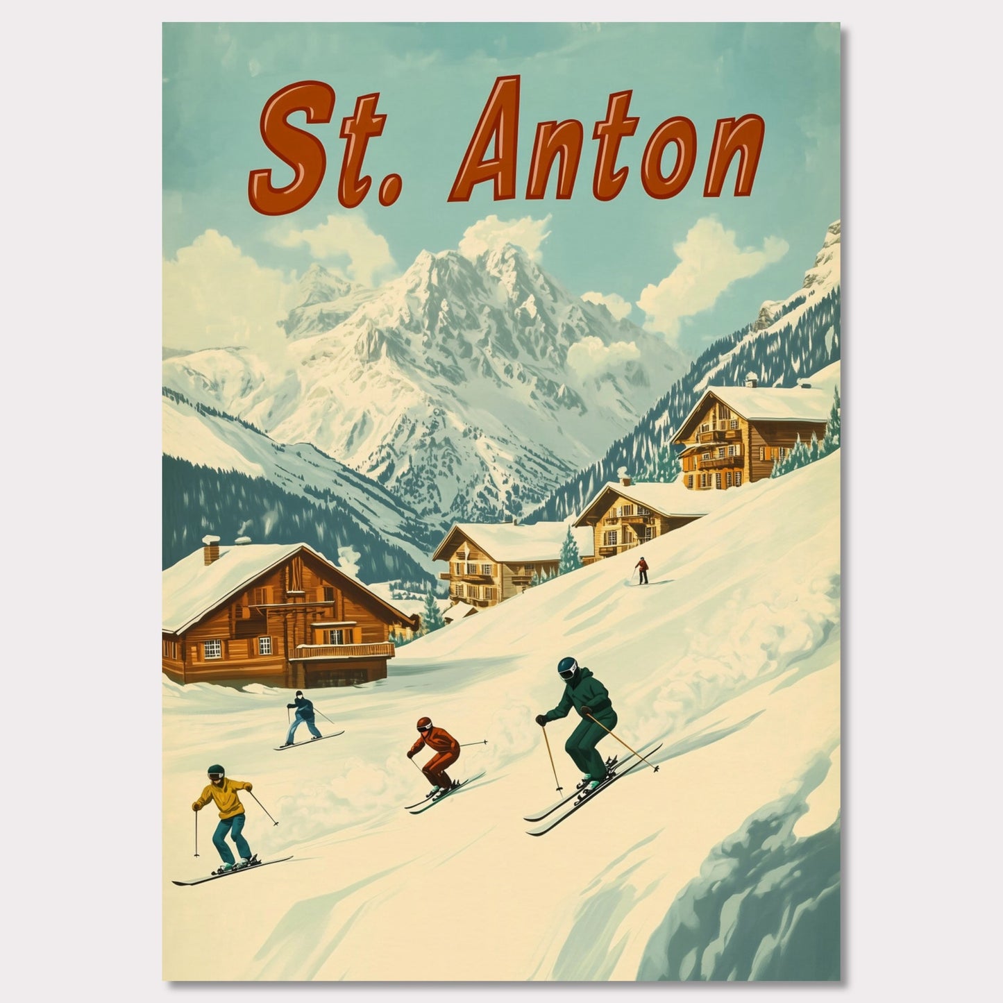 This vibrant retro-style poster captures the thrilling energy of skiing in St. Anton. The scene depicts skiers carving down the slopes, with picturesque alpine chalets nestled in the snow-covered hills and the majestic mountains towering in the background. The warm tones of the sky and the clean, crisp snow evoke the exhilarating experience of a winter sports haven. The bold retro typography adds a touch of nostalgia, perfectly highlighting the charm and adventure of St. Anton.