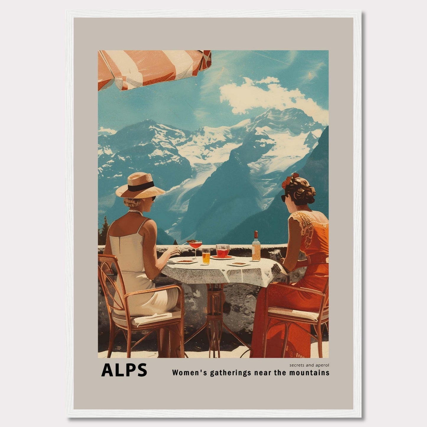 A beautiful vintage-style poster depicting two women enjoying a drink at a table with a stunning view of the Alps mountains in the background.