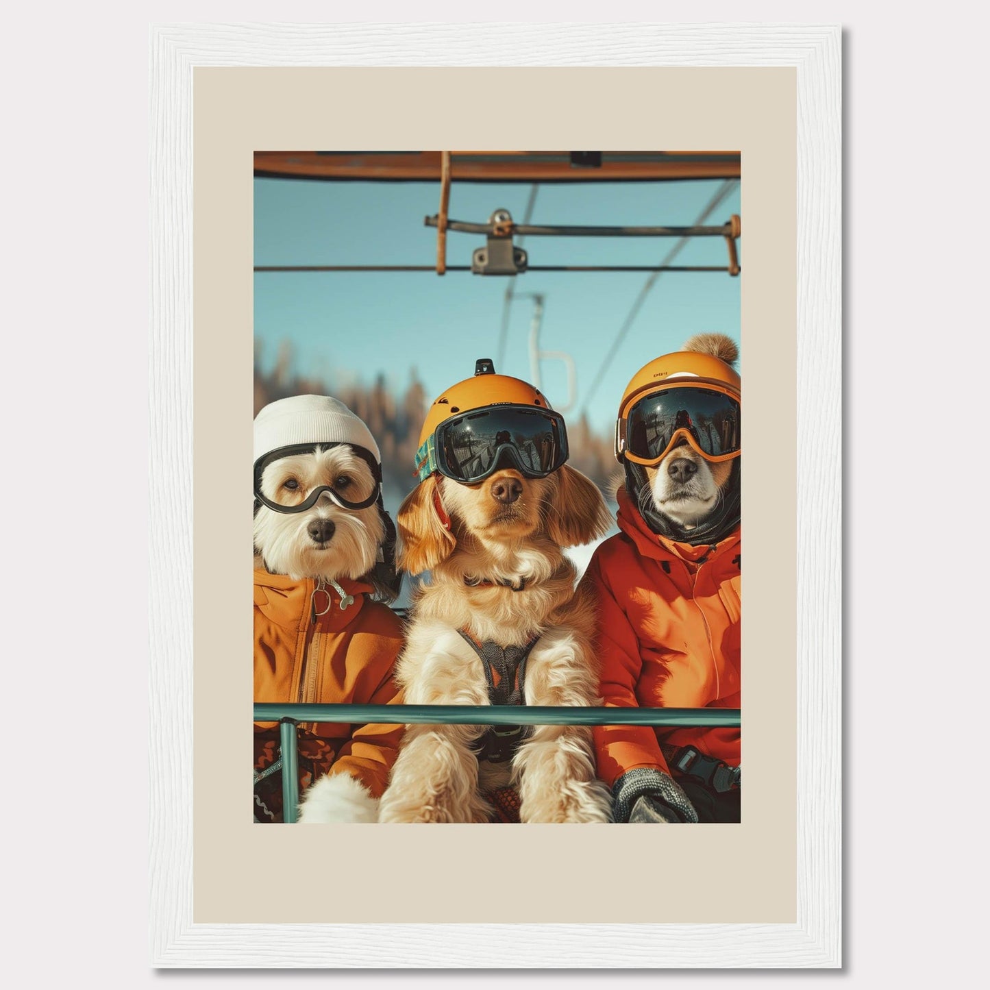 This charming photo features three adorable dogs dressed in winter gear, complete with helmets and goggles, enjoying a ride on a ski lift. The bright blue sky and snowy background add to the fun and adventurous atmosphere.