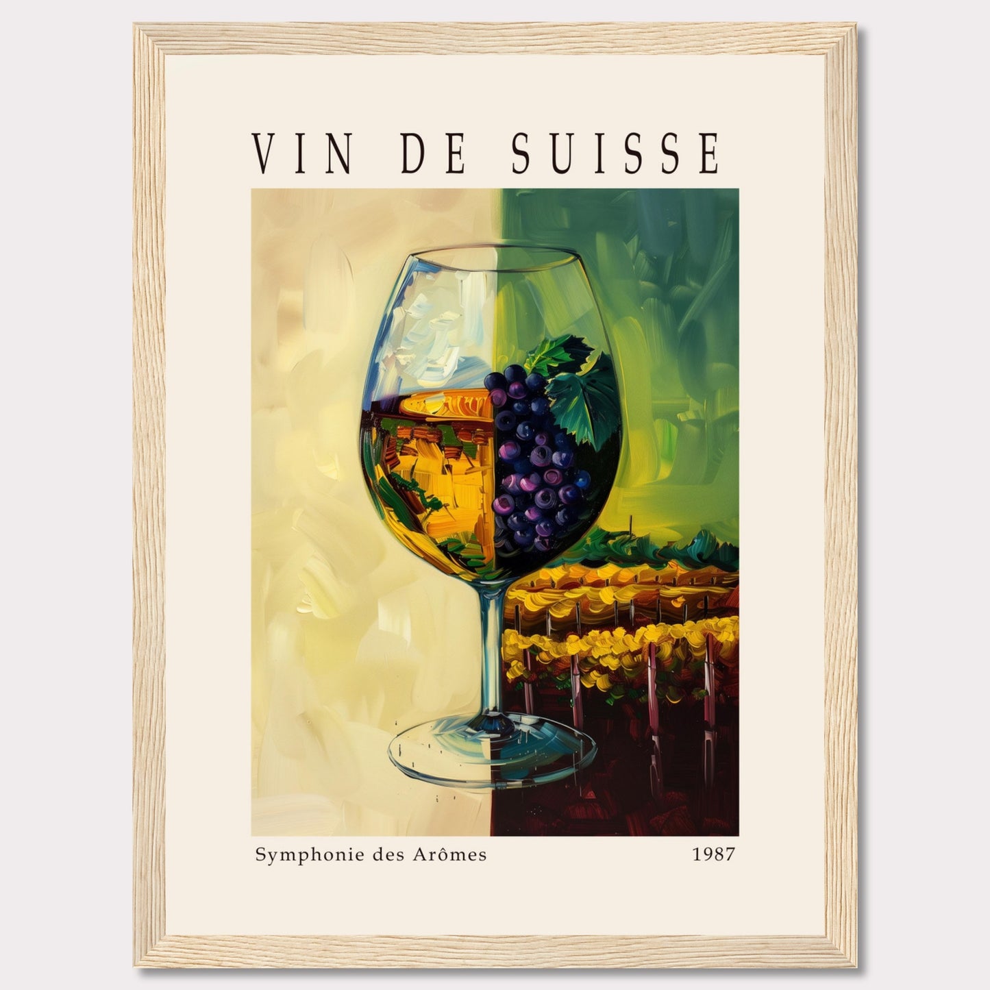 This vibrant poster showcases a wine glass filled with white wine, adorned with a cluster of purple grapes and green leaves. The background features a picturesque vineyard scene, split into two contrasting hues of yellow and green.