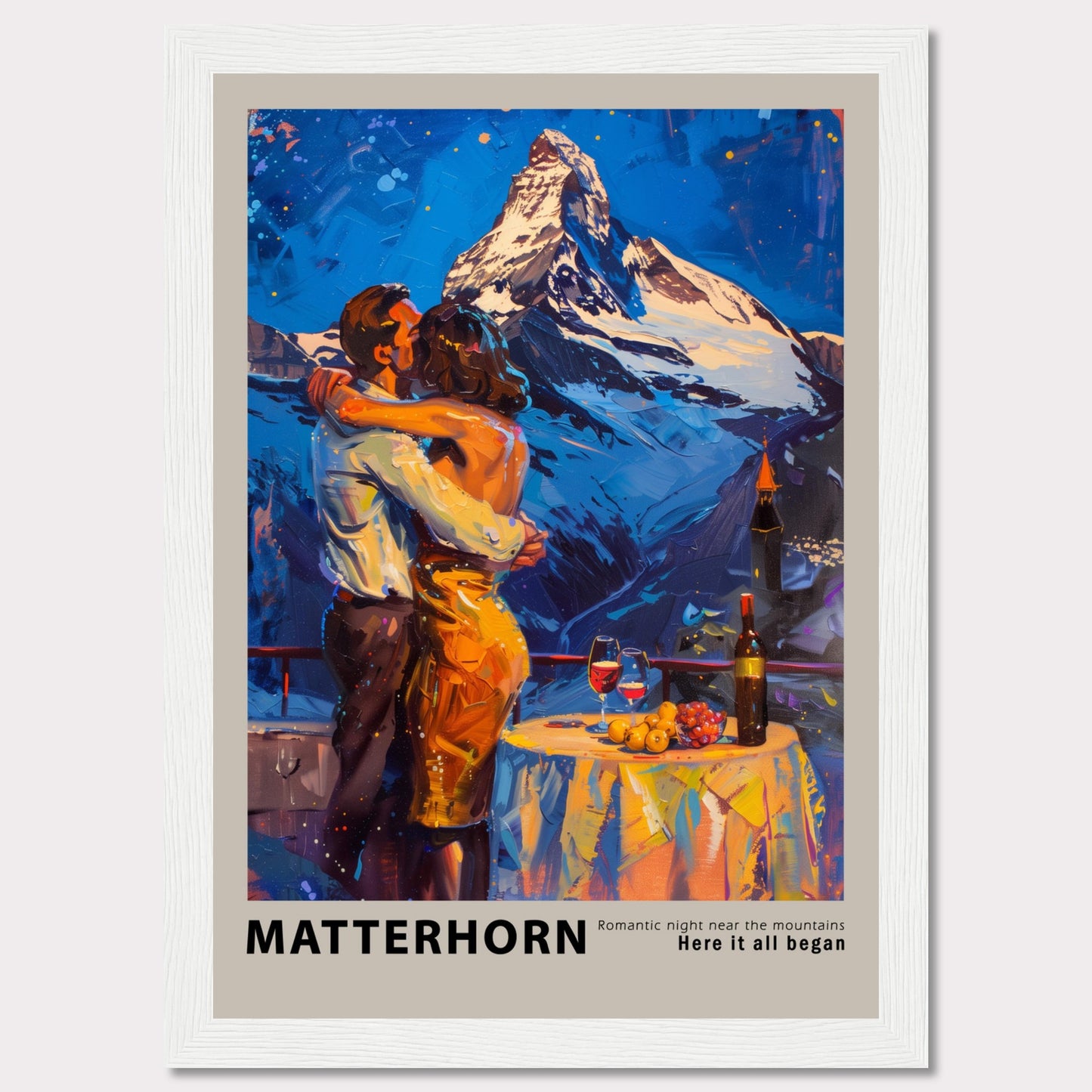 A romantic painting depicting a couple embracing near the Matterhorn mountain.