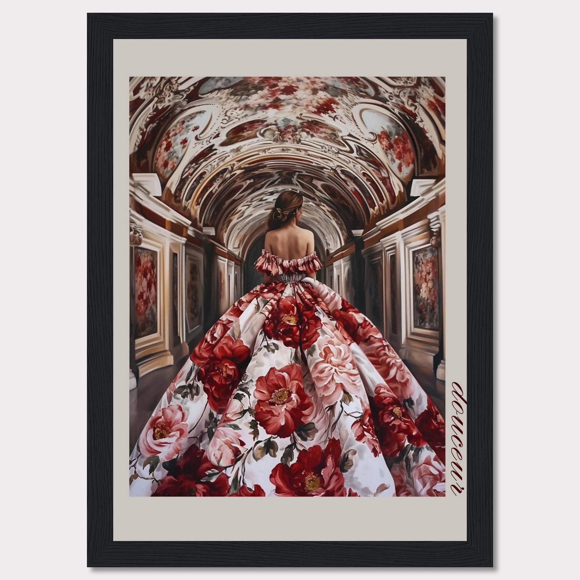 This stunning artwork features a woman in an opulent floral gown walking through an intricately decorated corridor. The scene exudes elegance and grandeur, capturing a moment of timeless beauty.