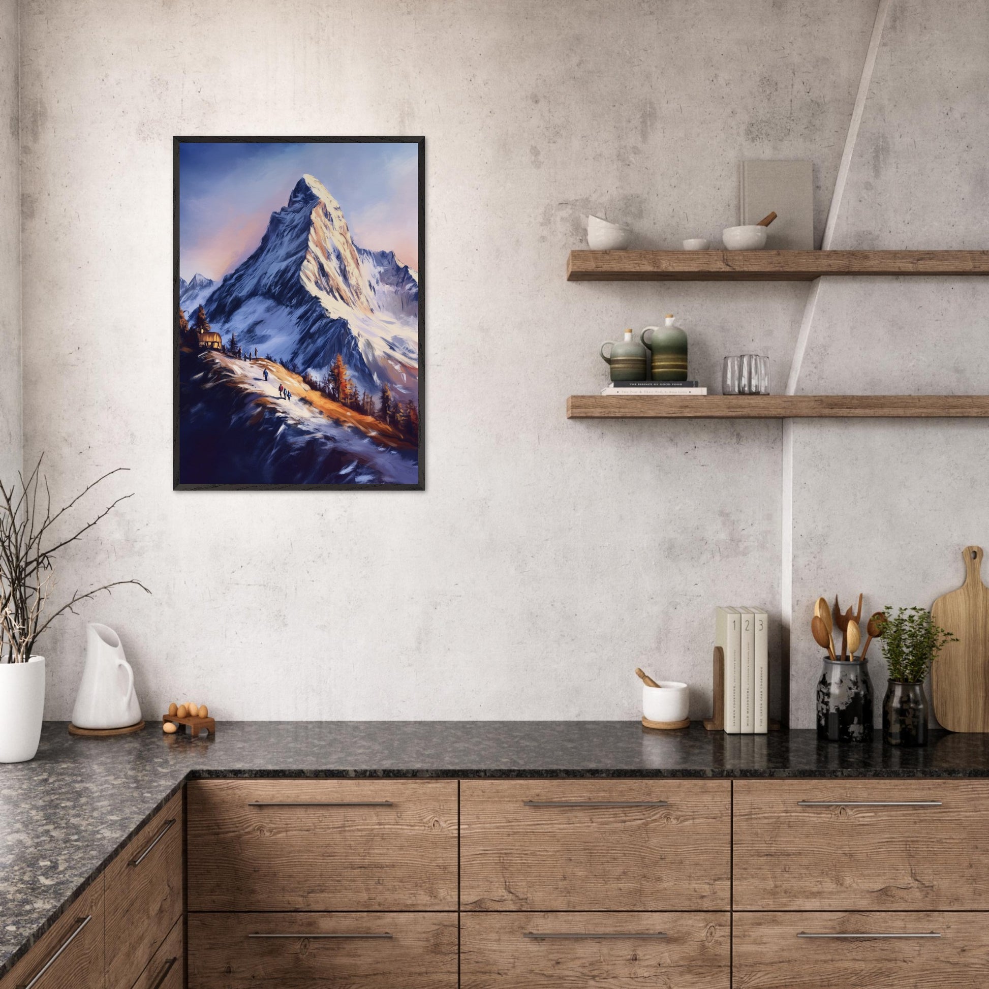 This atmospheric poster captures the awe-inspiring beauty of Zermatt, emphasizing the grandeur of the Matterhorn as it towers over a snow-dusted trail bathed in golden light. The soft, painterly style evokes a sense of tranquility and adventure, blending the rugged alpine landscape with the warmth of human activity.