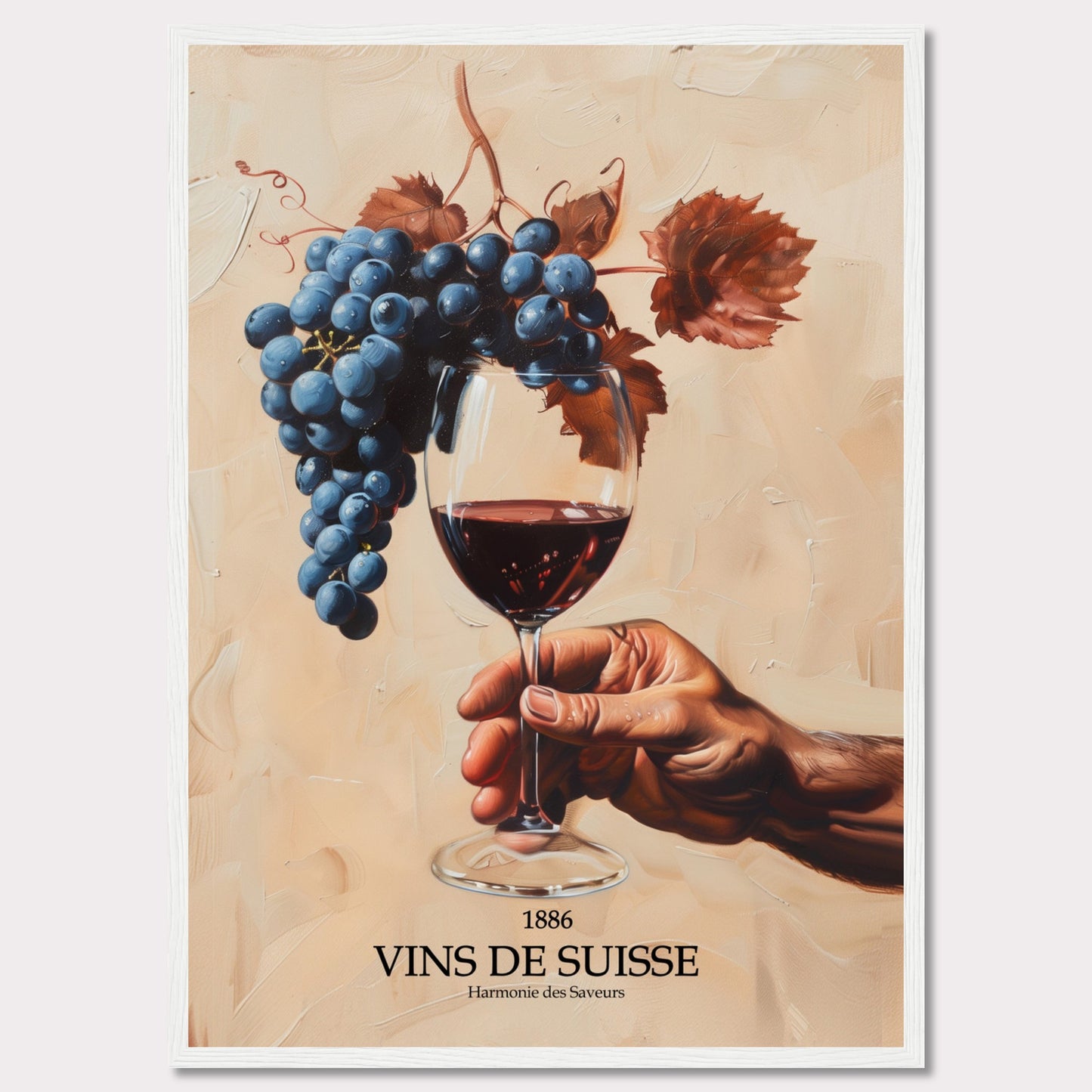 This captivating image showcases a hand holding a glass of red wine, with a luscious bunch of grapes hanging above it. The background is painted in warm, earthy tones, enhancing the rich colors of the grapes and wine.