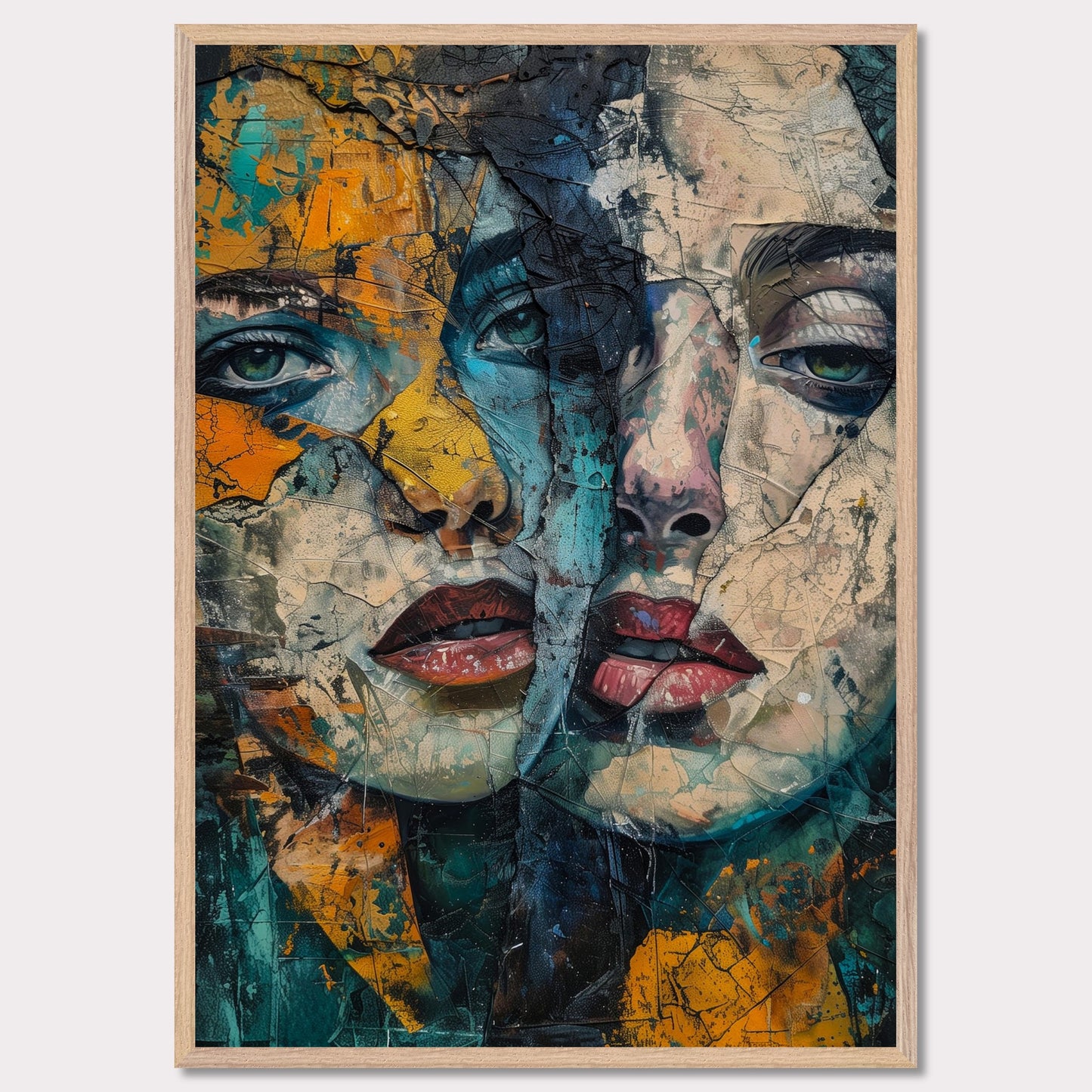 This captivating artwork features two intertwined, abstract faces with a rich blend of colors and textures. The painting exudes a sense of mystery and depth, drawing the viewer into its intricate details.