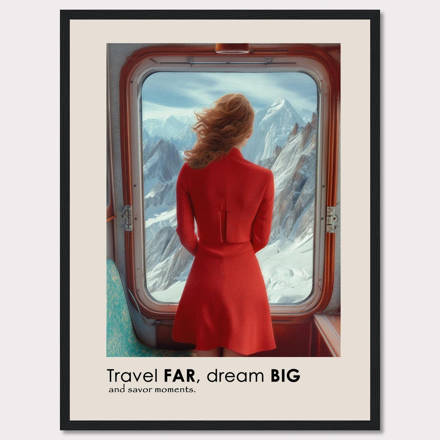 A woman in a red dress gazes out of a train window at majestic snow-covered mountains.