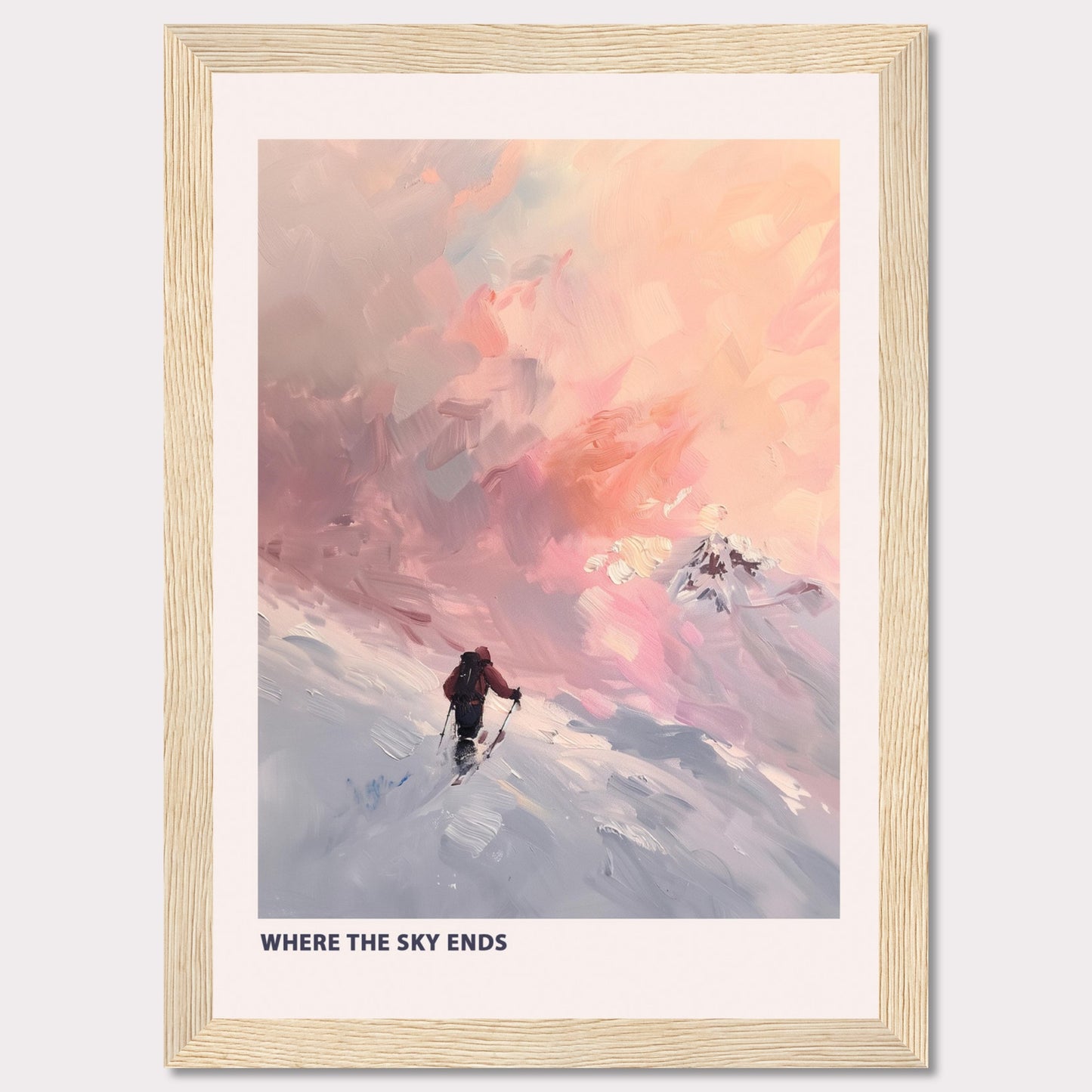 This captivating artwork titled "Where the Sky Ends" portrays a lone adventurer trekking through a snow-covered landscape towards a breathtaking, colorful sky. The painting captures a sense of solitude and determination against a backdrop of majestic, pastel-hued clouds.