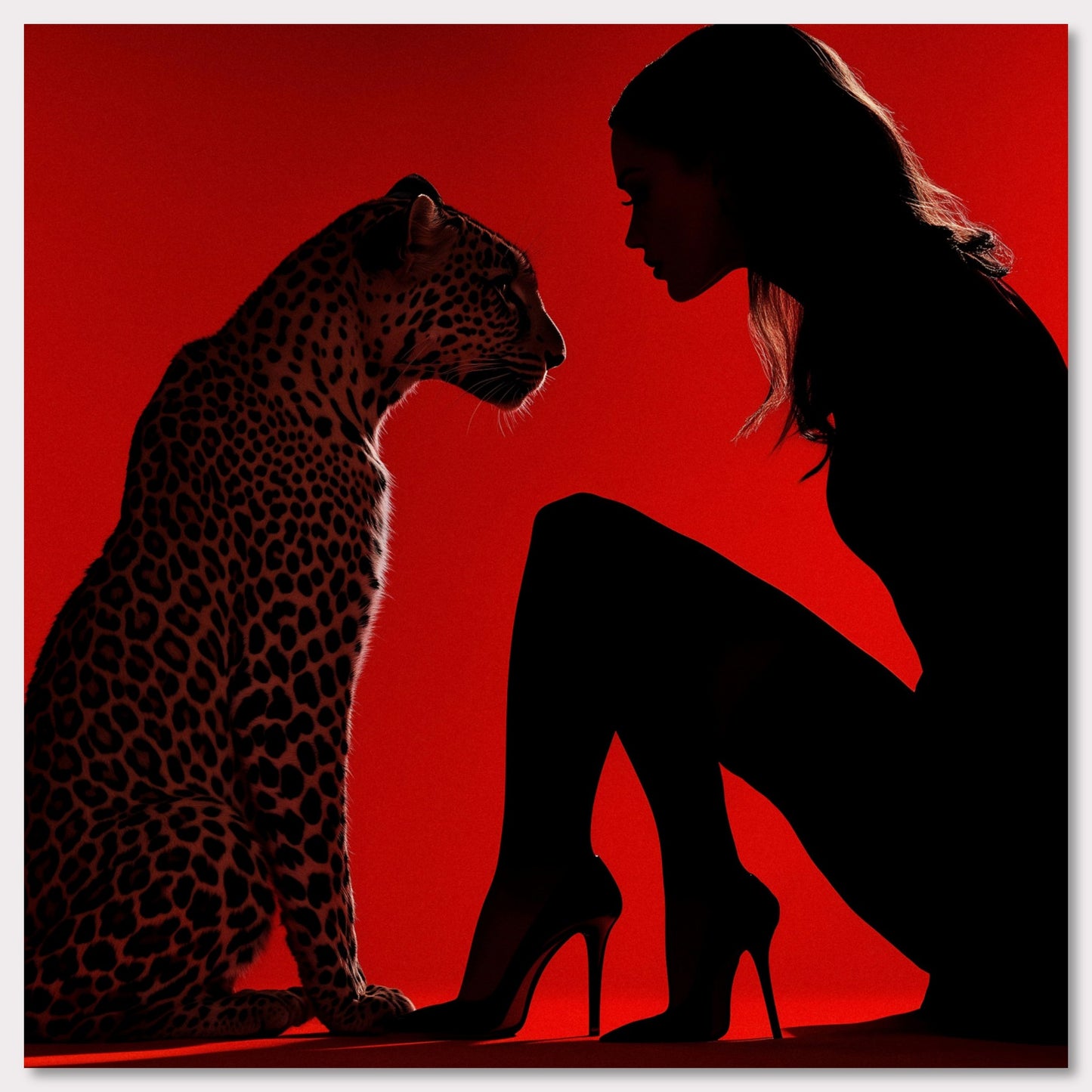 This illustration depicts a silhouette of a woman and a leopard against a vibrant red background. The woman is wearing high heels and is in a kneeling position, facing the leopard. The scene creates a dramatic and intense atmosphere through the use of contrasting colors and shadow play.