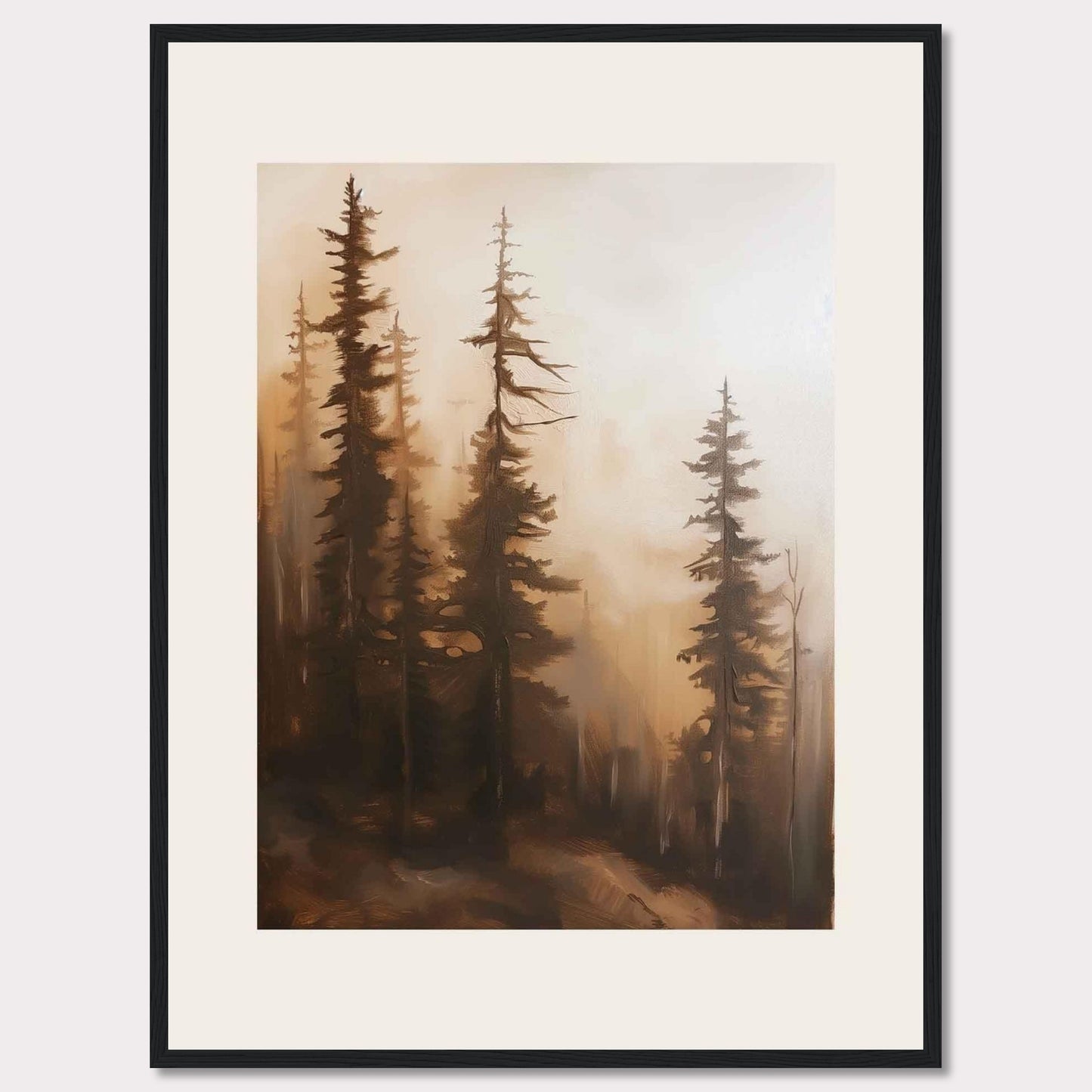 This captivating artwork features a serene forest scene enveloped in mist, evoking a sense of tranquility and mystery. The tall, slender trees stand majestically, their branches reaching out into the foggy atmosphere. The soft, warm hues create a calming ambiance, making it a perfect addition to any living space.