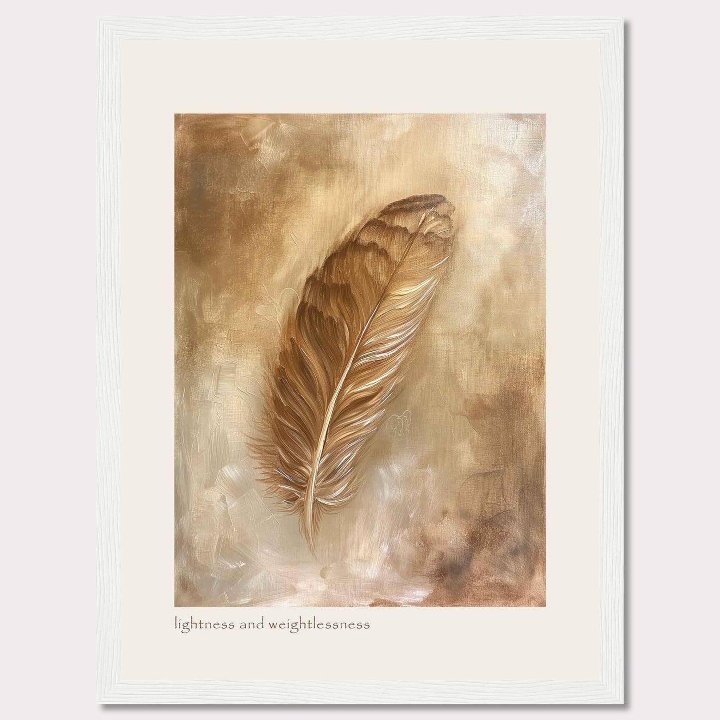 This image showcases a beautifully framed artwork featuring a single feather. The feather is depicted in warm, earthy tones, creating a sense of tranquility and elegance. The background consists of soft, abstract brushstrokes that enhance the delicate nature of the feather. At the bottom of the artwork, the phrase "lightness and weightlessness" is inscribed, adding to the ethereal feel of the piece.