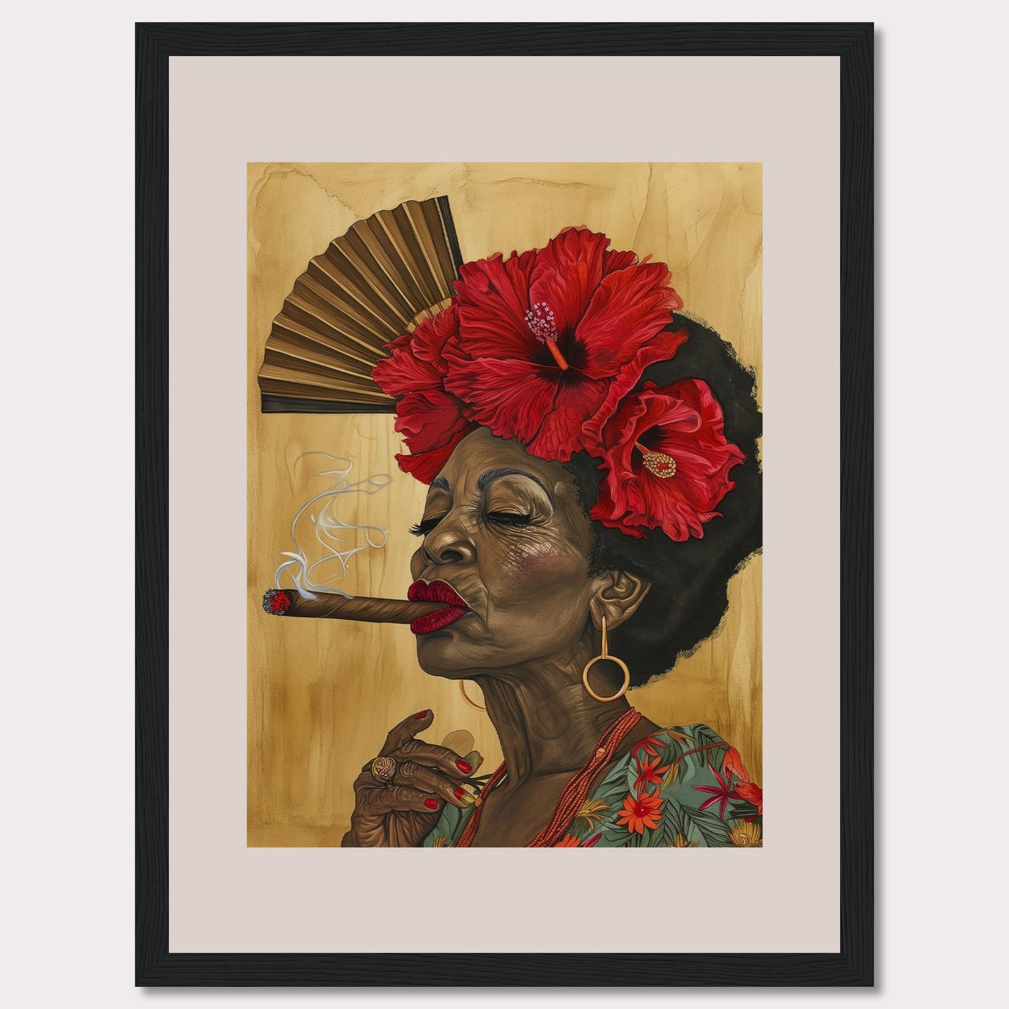 This captivating artwork features a dignified elderly woman smoking a cigar, adorned with vibrant red hibiscus flowers in her hair. Behind her, a traditional hand fan adds a touch of cultural elegance to the scene. The rich colors and intricate details bring out her character and grace.