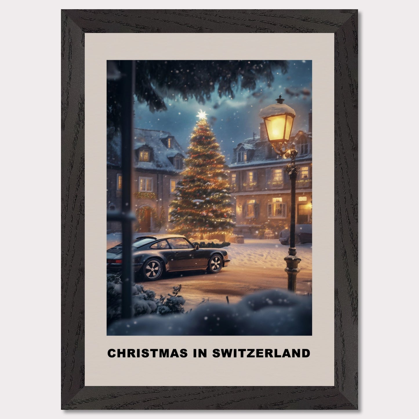 This heartwarming poster depicts a magical Swiss town square adorned with a glowing Christmas tree under a snowy evening sky. A classic vintage car adds a nostalgic charm, parked amidst festive lights and cozy, snow-covered houses. The scene invites you to experience the serene joy of a Swiss Christmas.