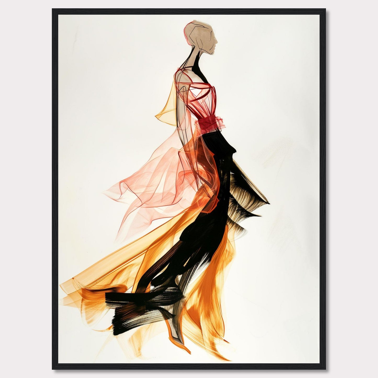 This captivating artwork showcases a fashion illustration of a figure in a flowing, vibrant dress. The dress features dynamic colors and textures, blending red, orange, and black hues. The abstract style and fluid lines create a sense of movement and elegance.