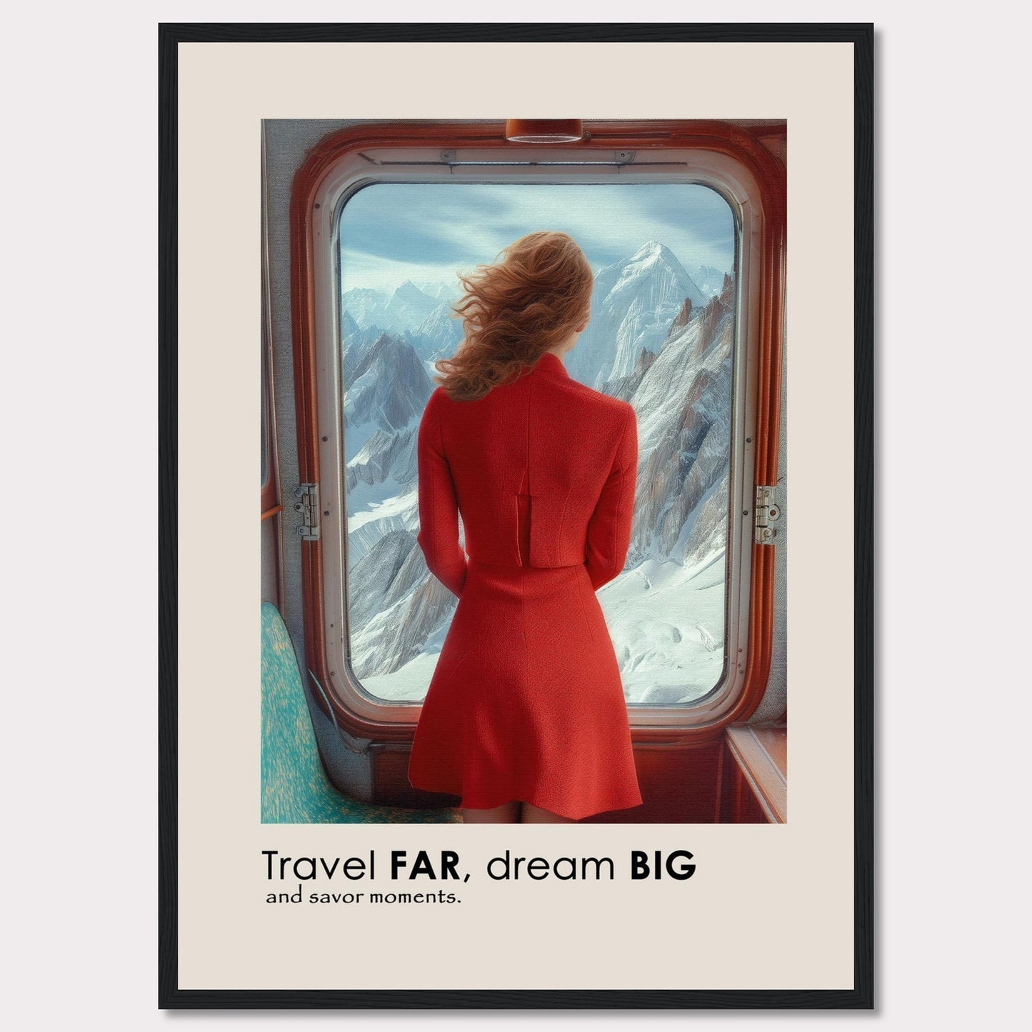 A woman in a red dress gazes out of a train window at majestic snow-covered mountains.