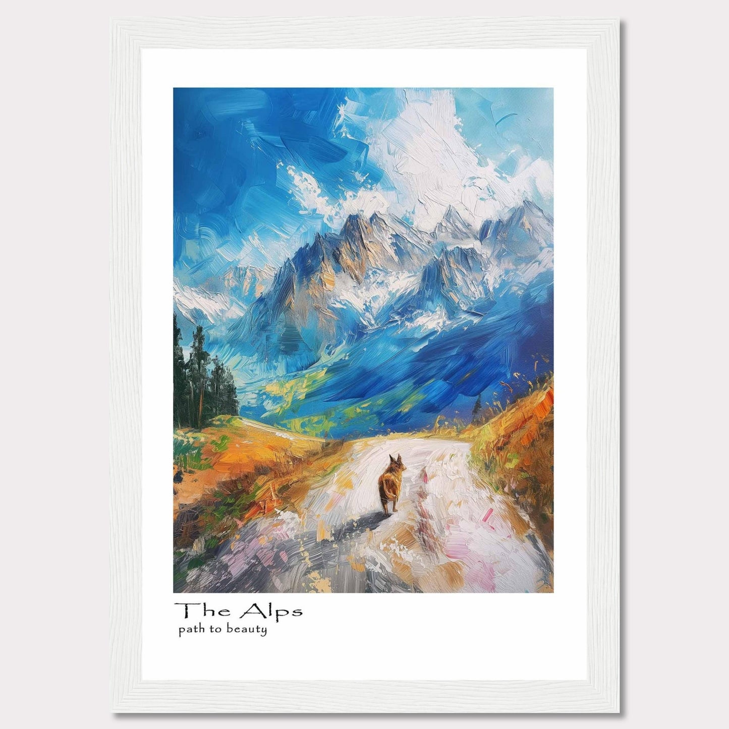 This painting captures the breathtaking beauty of the Alps with vibrant colors and dynamic brushstrokes. A lone hiker walks along a winding path, surrounded by majestic mountains under a bright blue sky.