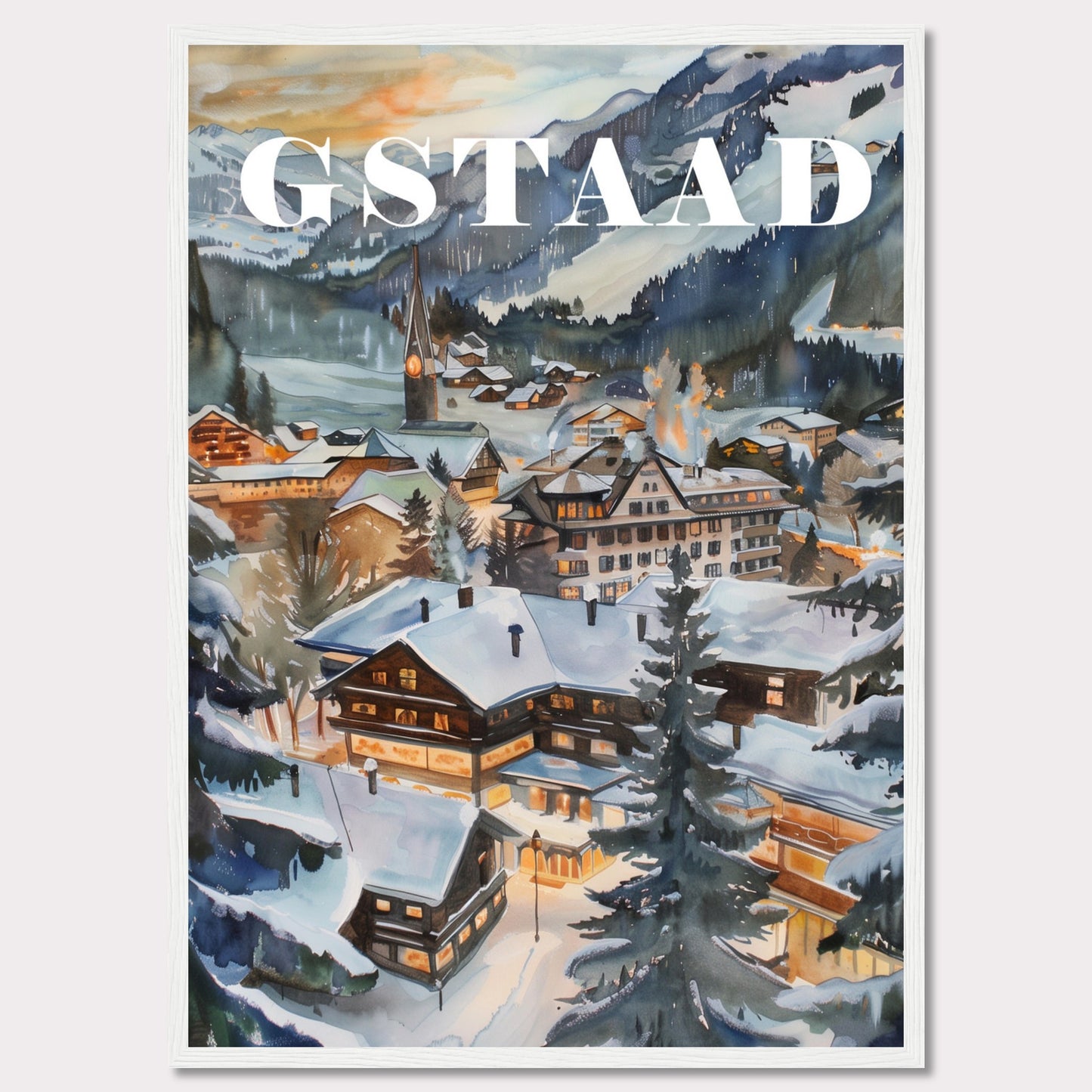 This image showcases a beautiful winter scene of Gstaad, a picturesque village nestled in the Swiss Alps. The painting captures the charm of snow-covered chalets, pine trees, and a serene mountainous backdrop under a soft evening sky.