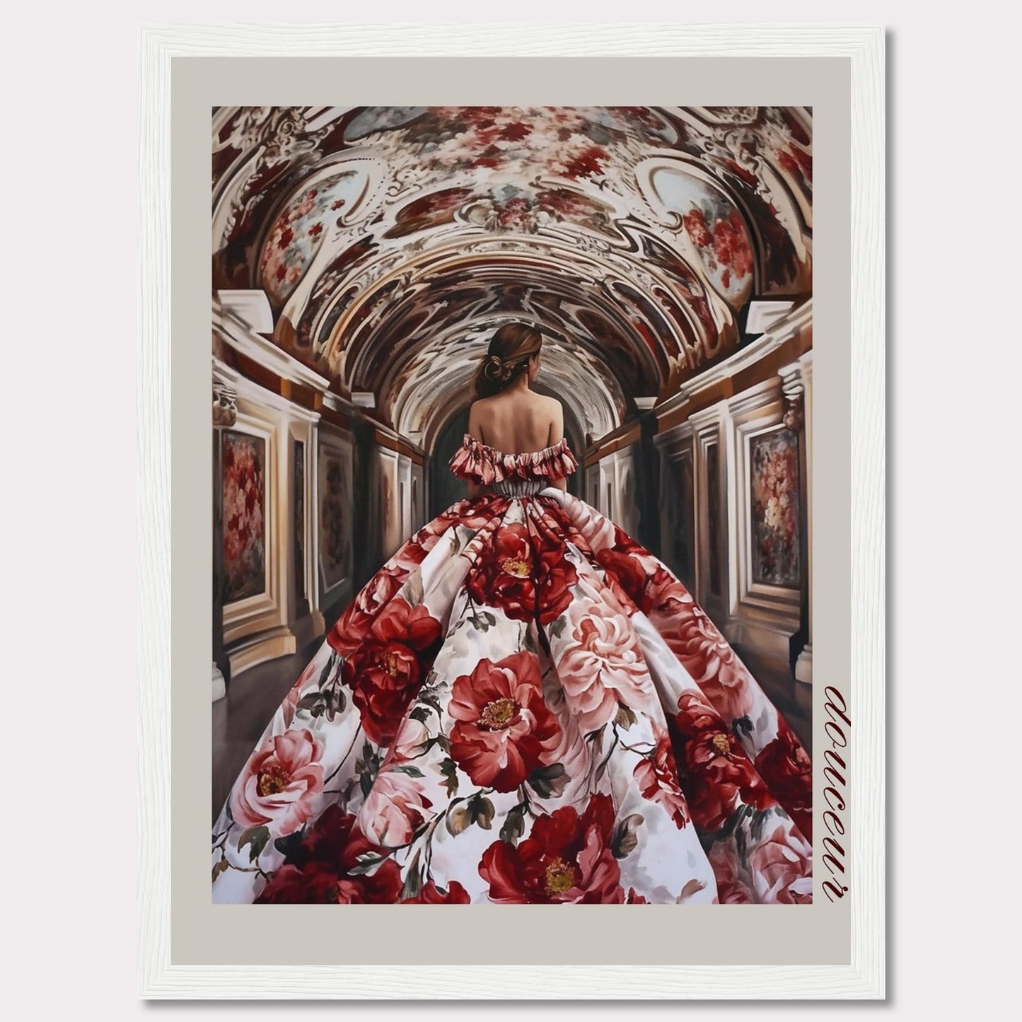 This stunning artwork features a woman in an opulent floral gown walking through an intricately decorated corridor. The scene exudes elegance and grandeur, capturing a moment of timeless beauty.