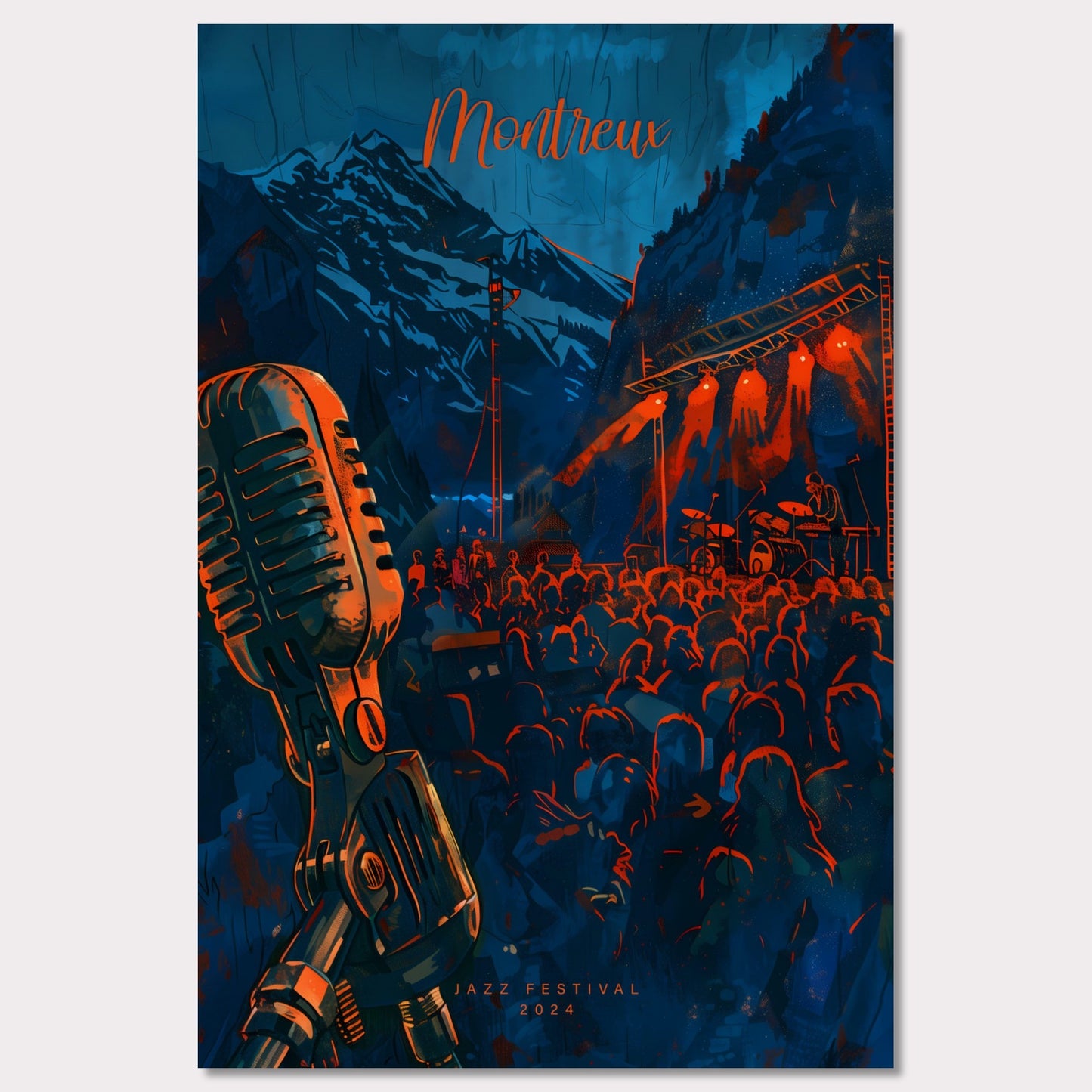 Experience the magic of Montreux Jazz Festival 2024! This vibrant poster captures the essence of live music against a stunning mountain backdrop. Join the crowd, feel the rhythm, and be part of an unforgettable musical journey.