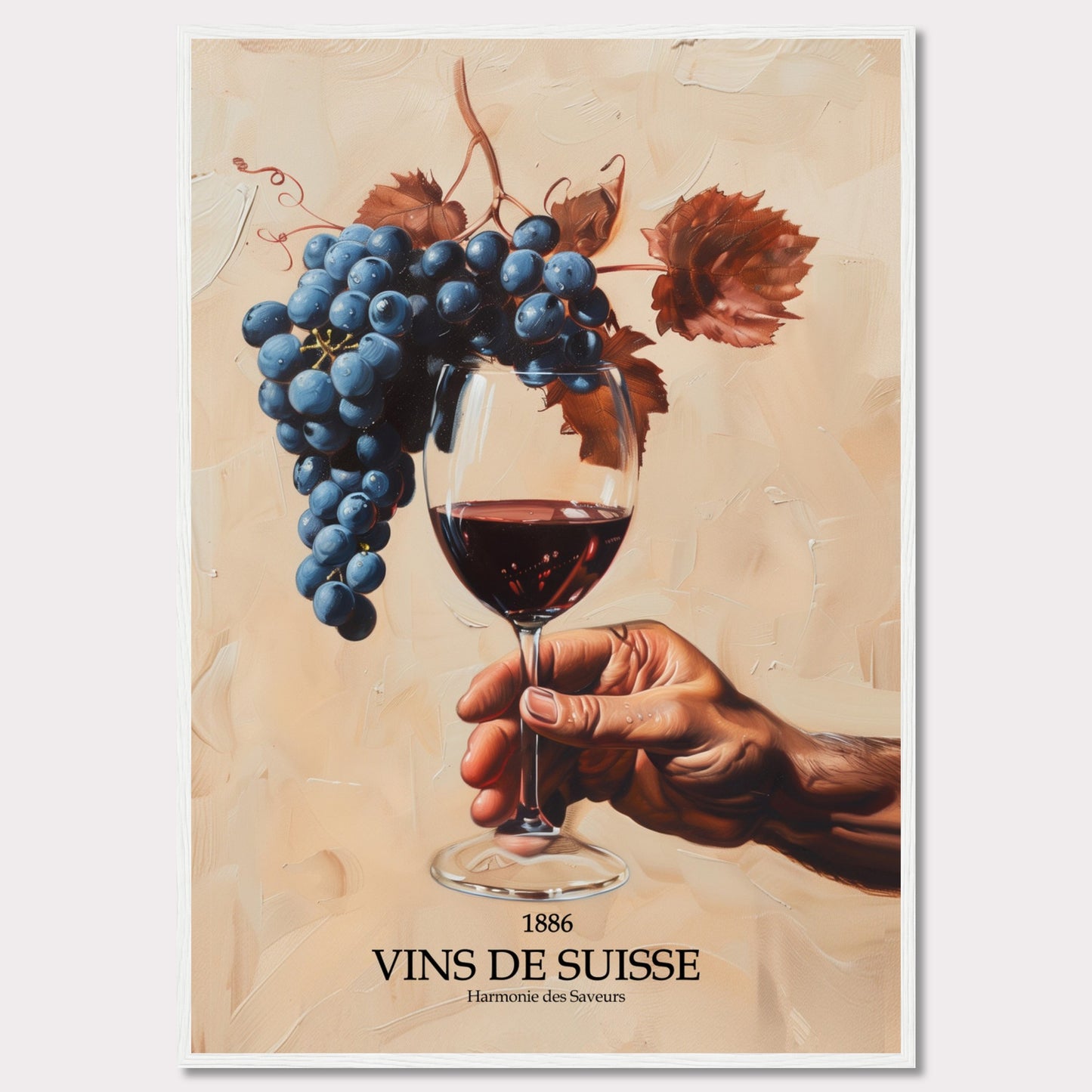 This captivating image showcases a hand holding a glass of red wine, with a luscious bunch of grapes hanging above it. The background is painted in warm, earthy tones, enhancing the rich colors of the grapes and wine.