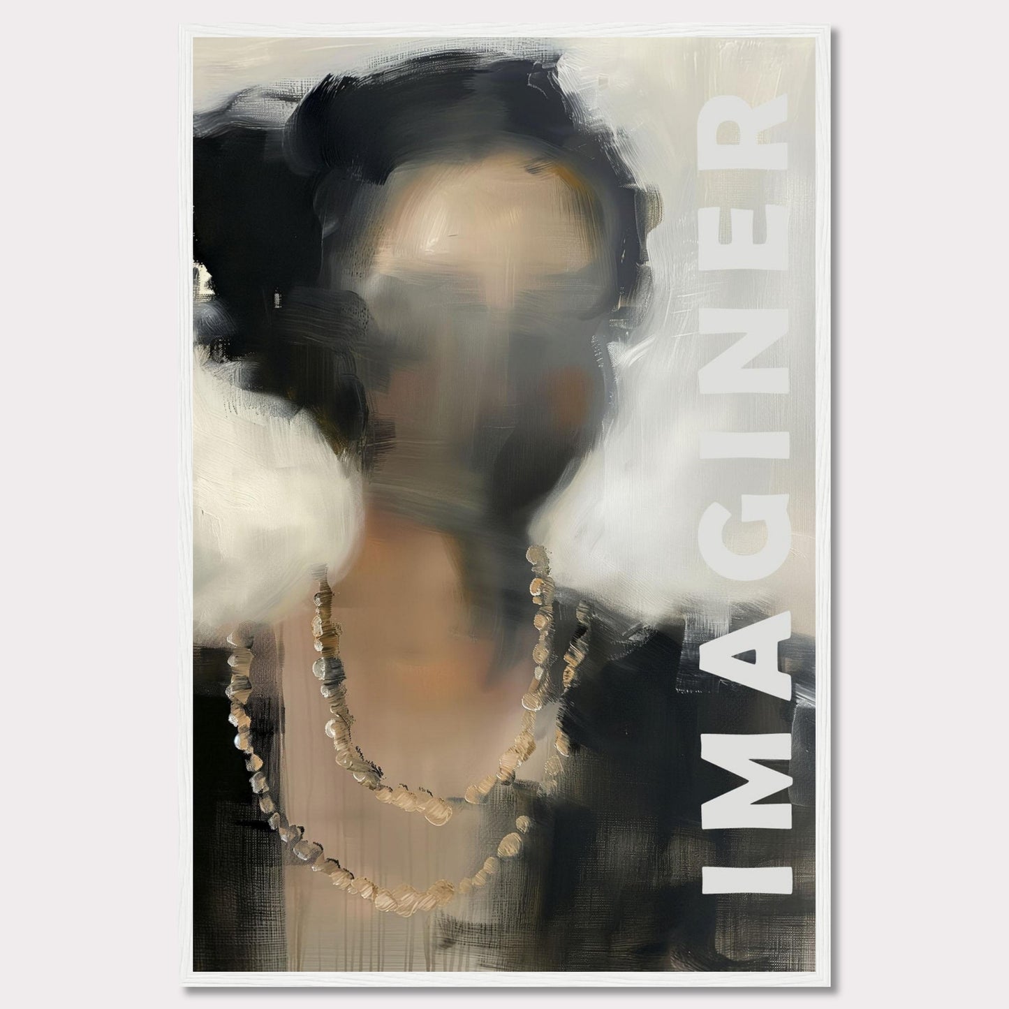 This captivating artwork features an abstract portrait of a person with blurred facial details, adorned with a beaded necklace. The word "IMAGINER" is prominently displayed along the right side, inviting viewers to envision their own interpretations.