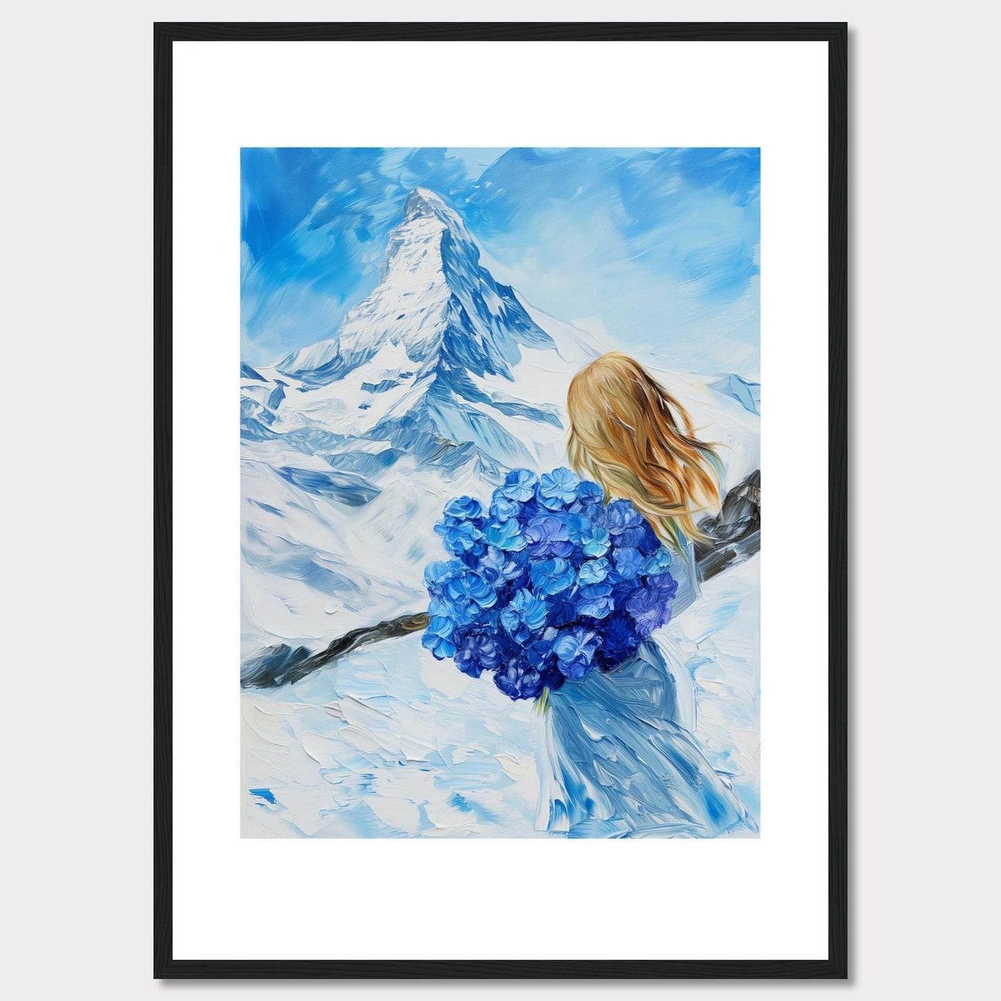 This captivating painting depicts a serene winter landscape with a majestic snow-covered mountain in the background. A woman with flowing blonde hair stands in the foreground, holding a vibrant bouquet of blue flowers. The sky is a brilliant shade of blue, complementing the snowy scenery.