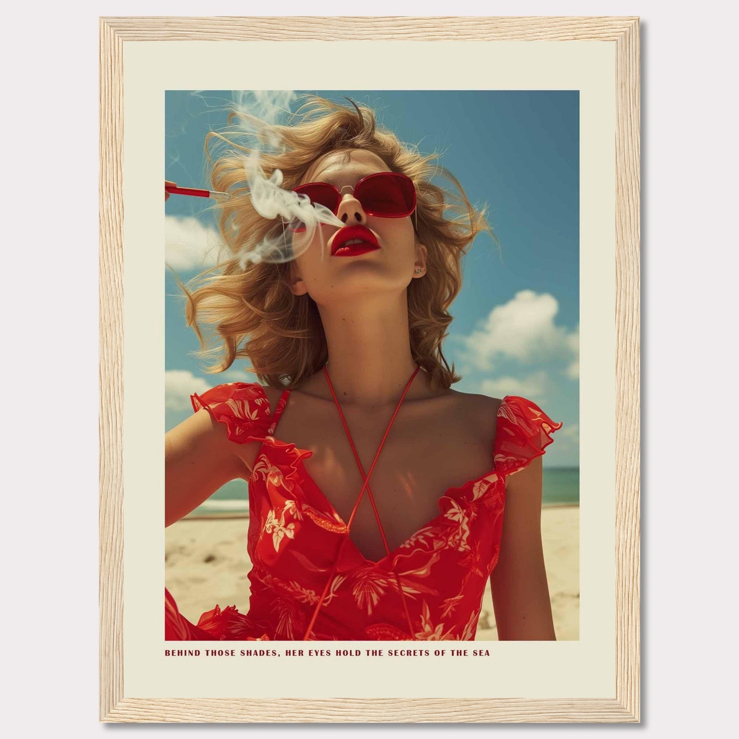 This striking image features a woman in a vibrant red dress and matching sunglasses, exuding confidence and mystery. The ocean and sky form the serene backdrop, while smoke adds an air of intrigue. The caption reads, "BEHIND THOSE SHADES, HER EYES HOLD THE SECRETS OF THE SEA."