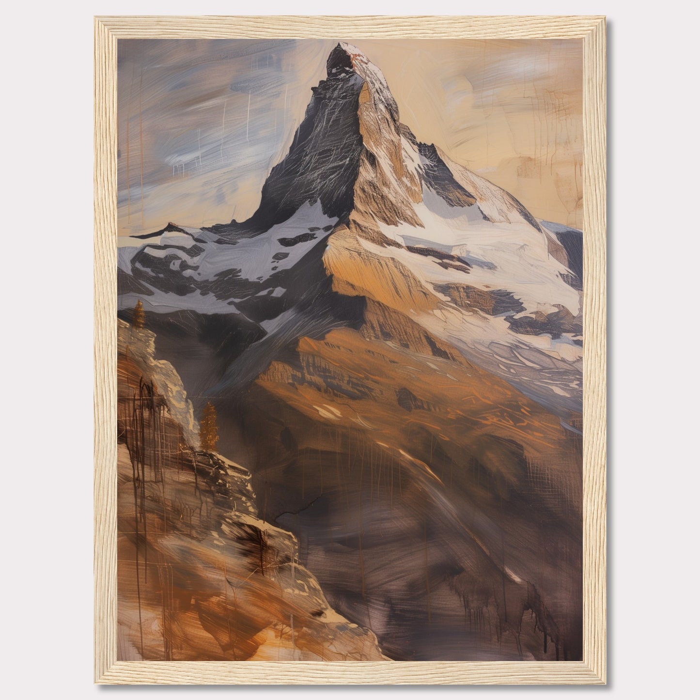 This stunning artwork captures the majestic beauty of a towering mountain peak bathed in warm, golden light. The painting showcases the rugged textures and dramatic contrasts of the rocky terrain, with snow-capped sections adding to its grandeur.