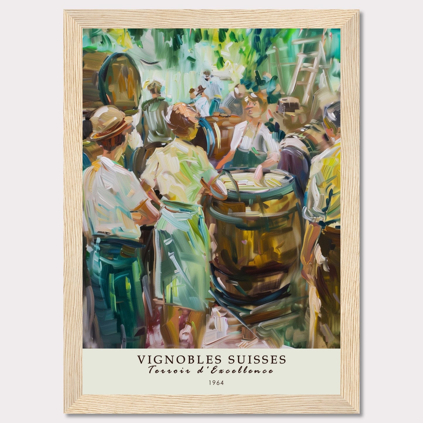 This vibrant painting captures a lively scene of people gathered around wine barrels, reflecting the rich tradition of Swiss vineyards.