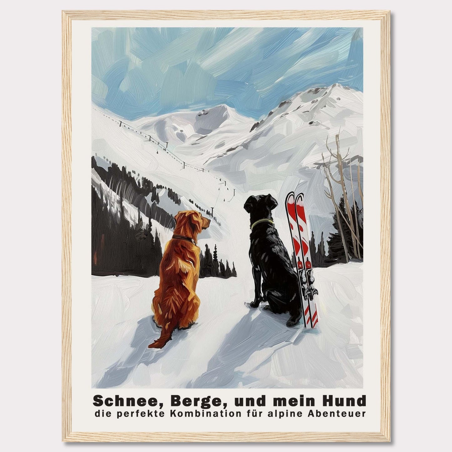 This image depicts two dogs sitting in the snow, gazing at a snowy mountain landscape. Next to them is a pair of skis, suggesting an alpine adventure. The sky is clear with a few clouds, adding to the serene and adventurous atmosphere.