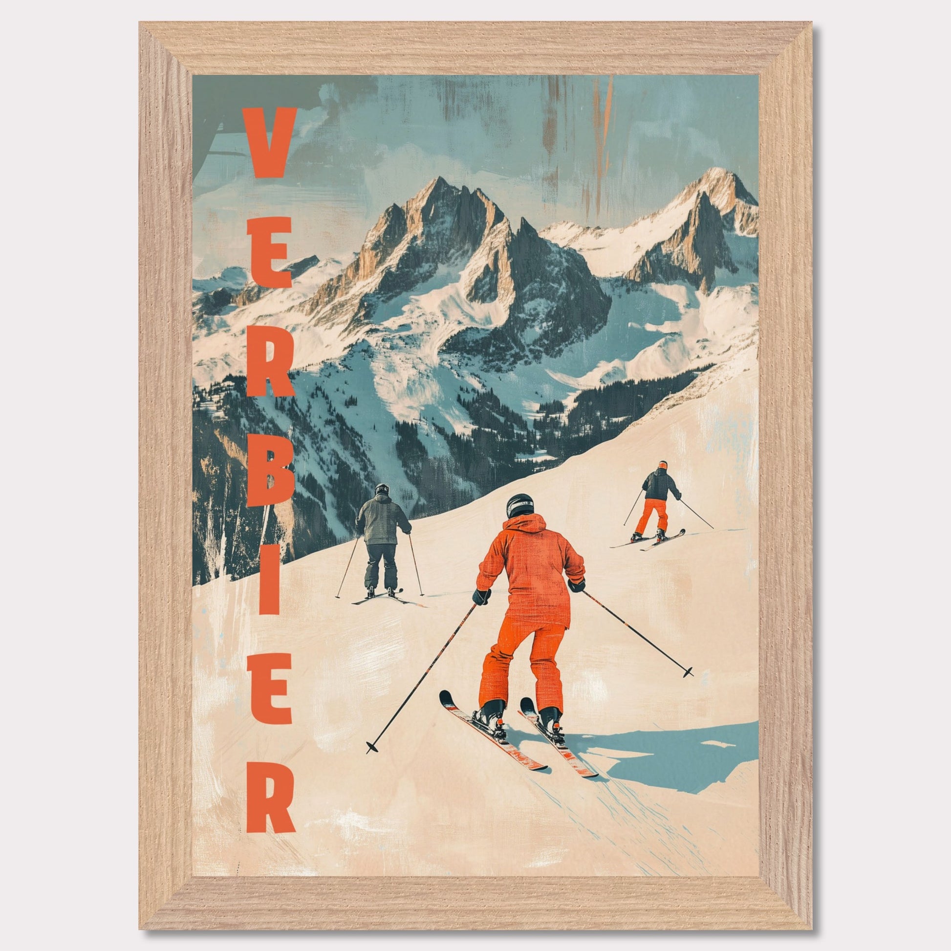 This retro-inspired poster vividly captures the exhilarating spirit of skiing in Verbier. A group of skiers clad in bold orange descends a pristine alpine slope, set against the majestic backdrop of rugged, snow-covered peaks. The textured vintage art style and muted color palette evoke nostalgia while celebrating the dynamic energy of winter sports.