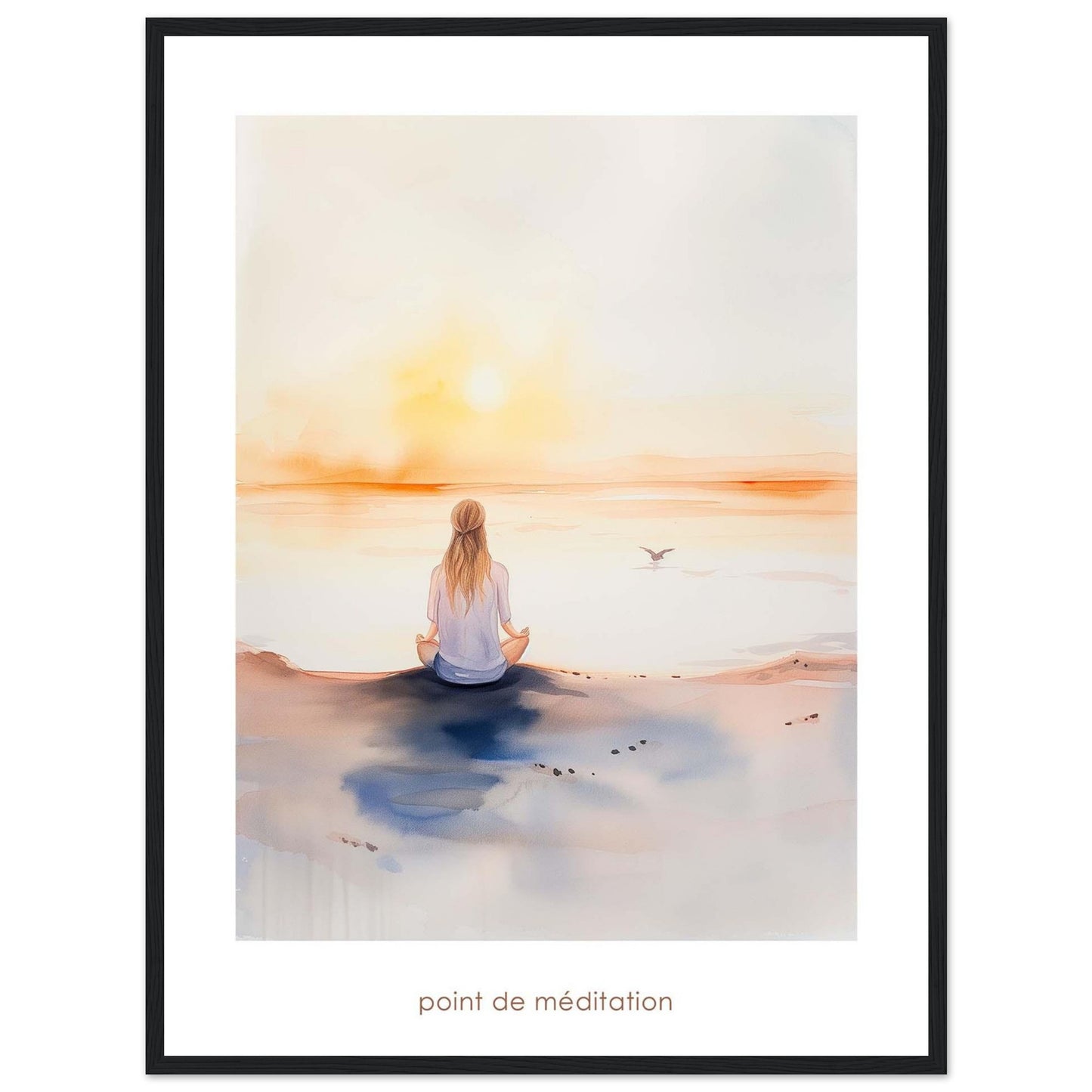 This serene artwork captures a tranquil moment of meditation by the sea at sunrise. A person sits cross-legged on the shore, facing the calming horizon as the sun rises, casting a warm glow over the water. A bird flies gracefully in the distance, adding to the peaceful ambiance. The soft colors and gentle brushstrokes evoke a sense of calm and introspection.