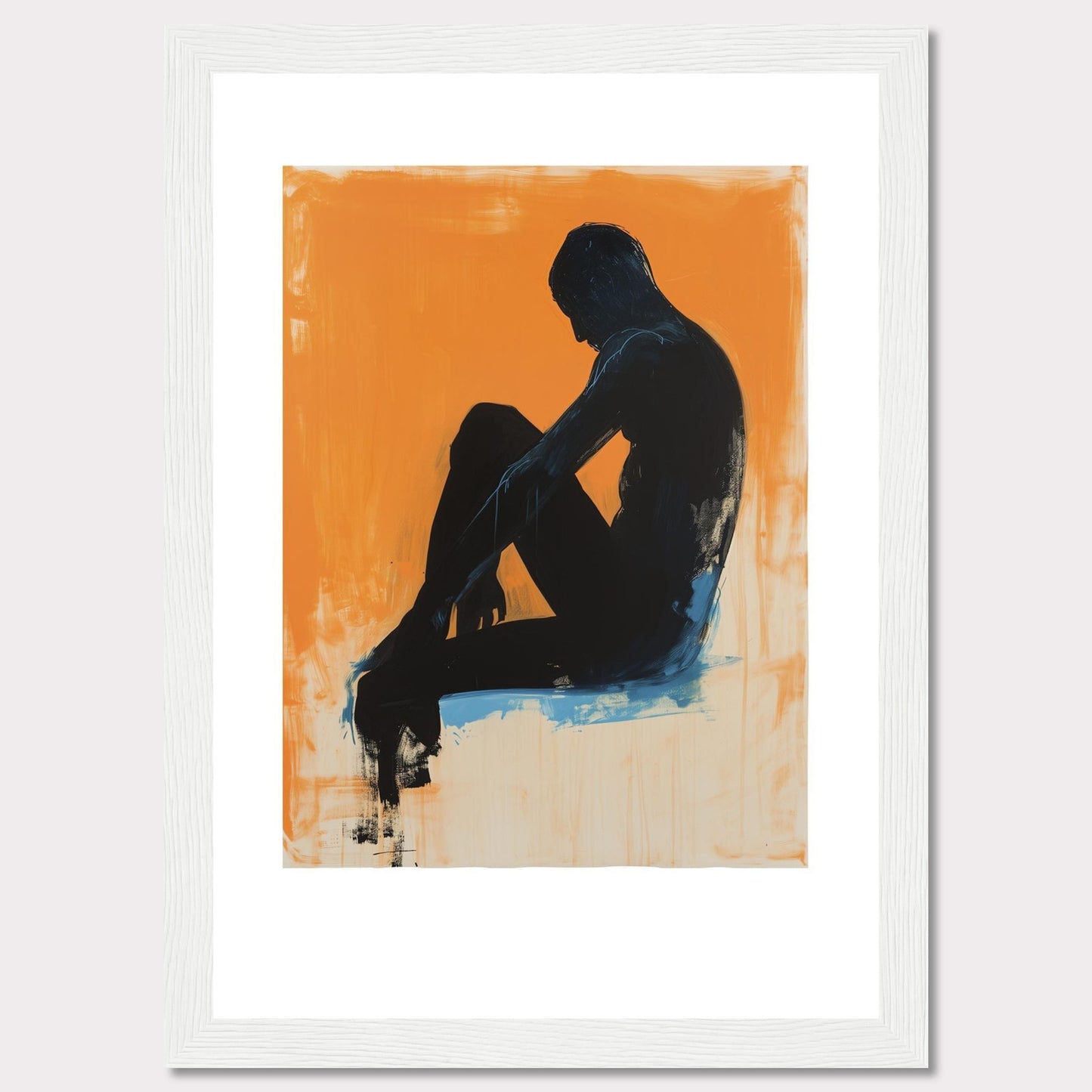 This striking artwork features a silhouette of a seated figure against a vibrant orange background, creating a powerful contrast. The figure is painted in dark tones with hints of blue, adding depth and emotion to the piece.