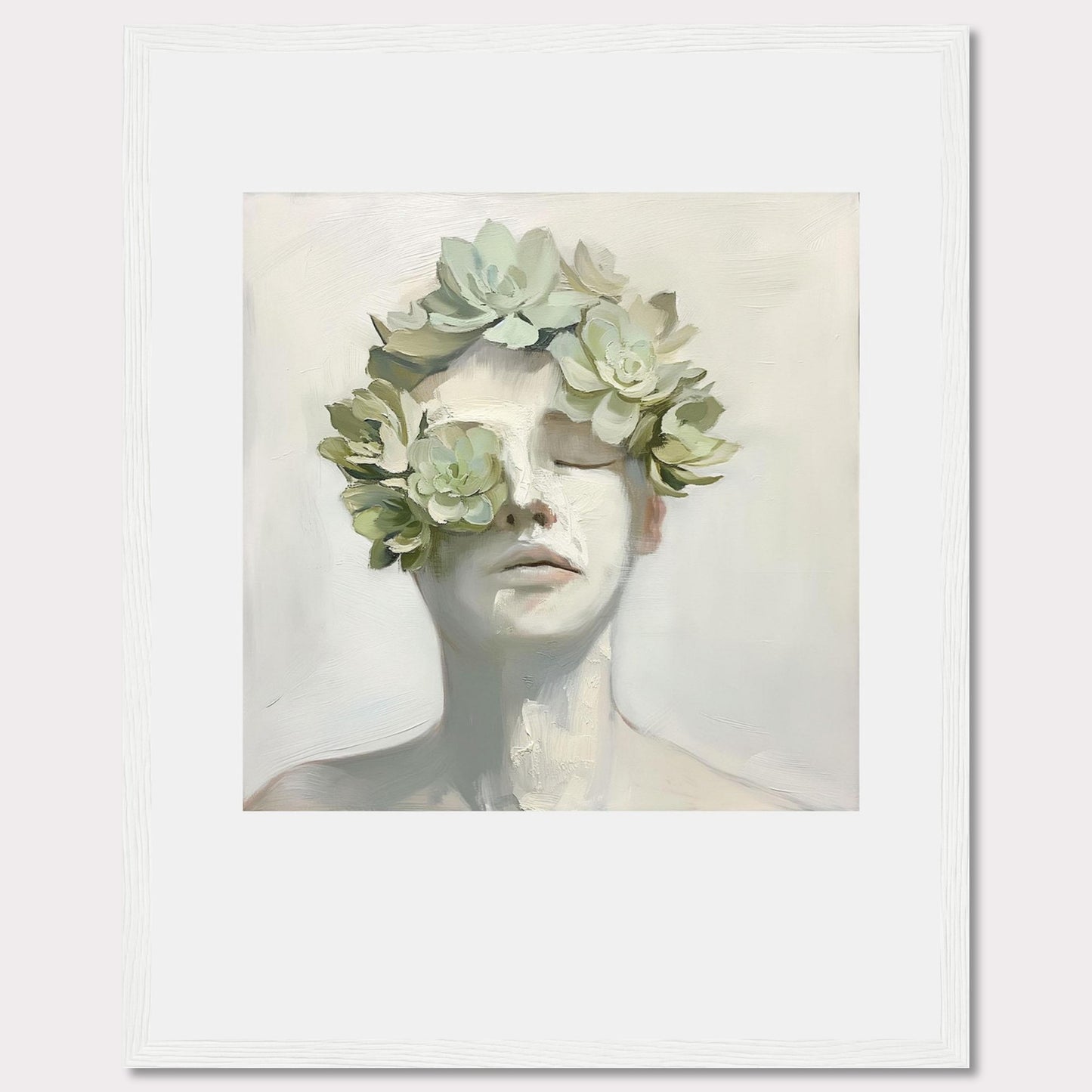 This captivating artwork features a serene face adorned with a crown of succulents, blending nature and human form in a harmonious expression.